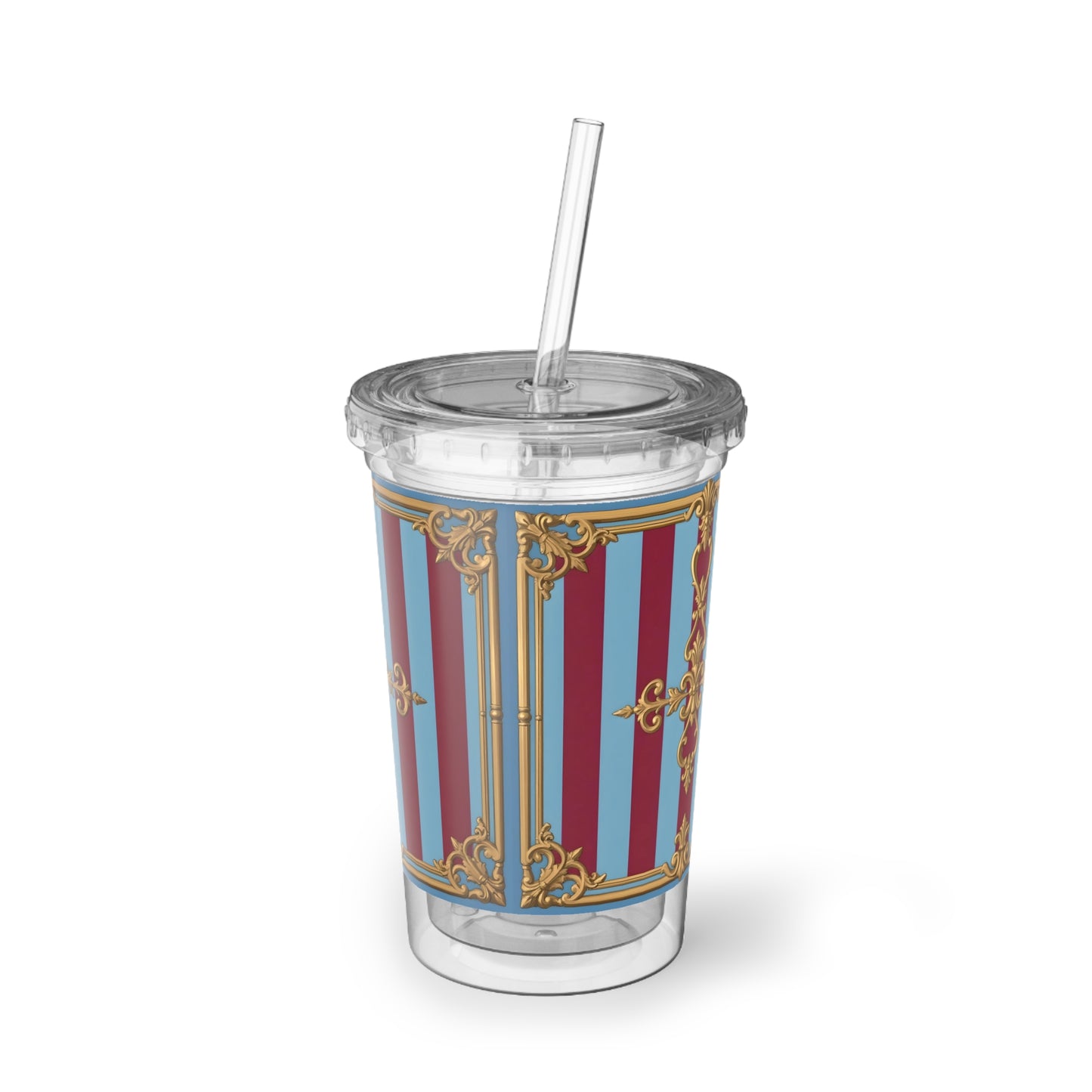 Suave Acrylic Cup - Elegant Drinkware for Weddings, Parties, Home Decor, Gifts, Coffee Lovers - Sky Blue & Maroon Striped Baroque