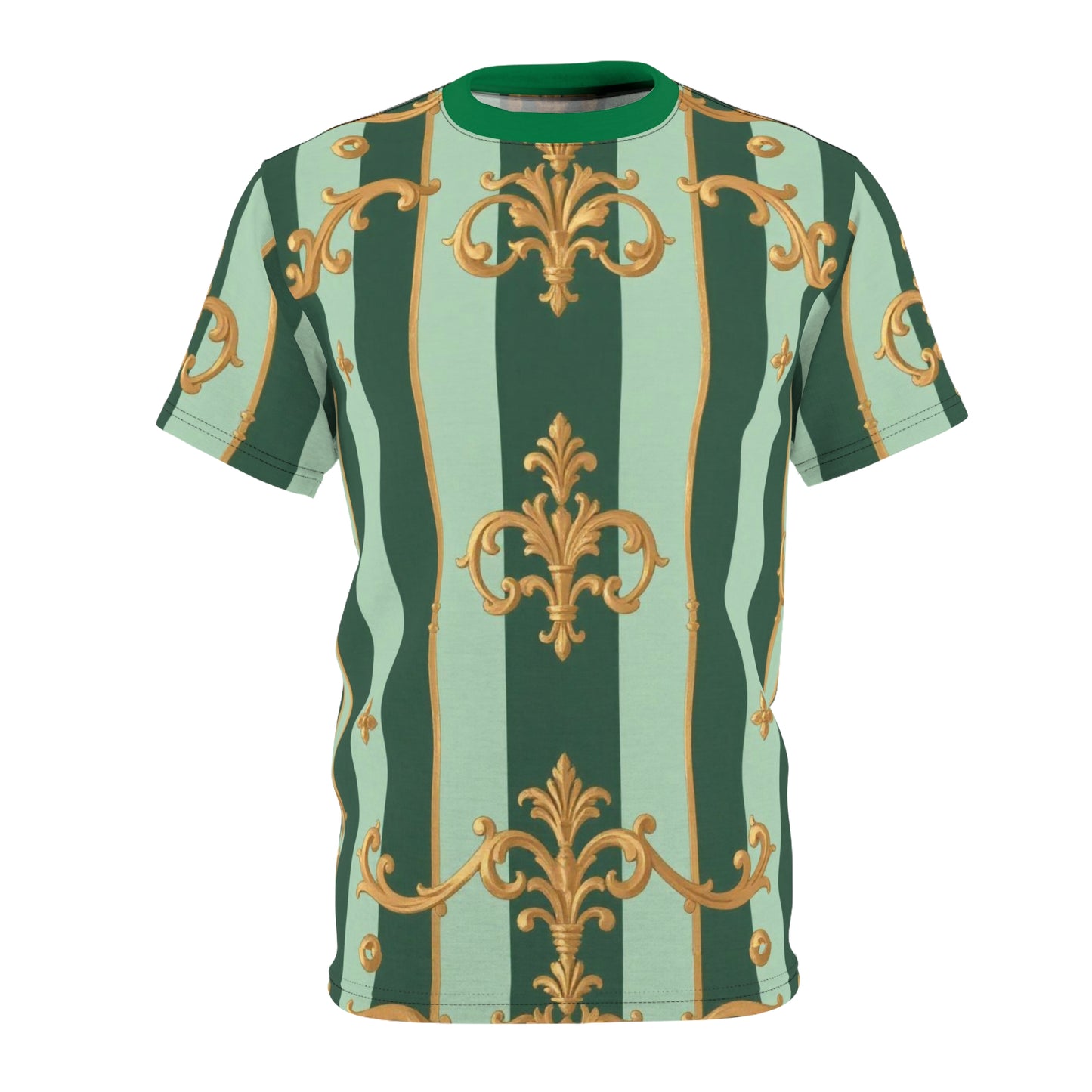 Chic Unisex Cut & Sew Tee, Trendy Graphic Tee, Floral Print Shirt, Unique Fashion Top, Gift for Her/Him - Mint Green & Teal Striped Gold Baroque