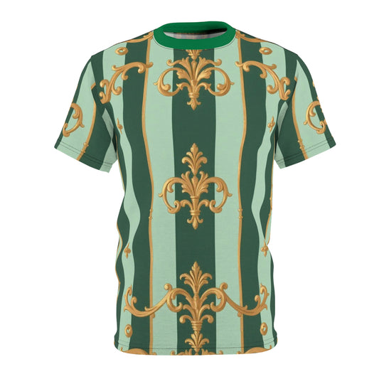 Chic Unisex Cut & Sew Tee, Trendy Graphic Tee, Floral Print Shirt, Unique Fashion Top, Gift for Her/Him - Mint Green & Teal Striped Gold Baroque
