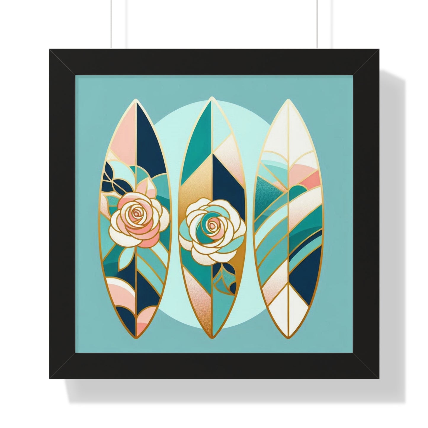 Vertical Poster - Blue, Pink & Aqua Surfboard & Roses Wall Art