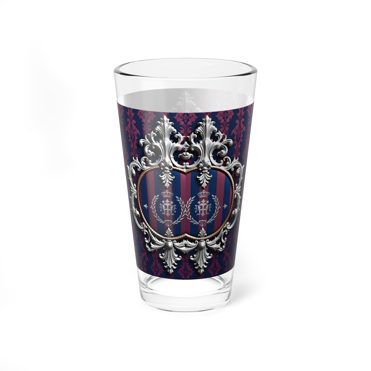 Elegant Mixing Glass, Vintage Inspired Barware, 16oz Cocktail Glass, Perfect for Parties, Home Bars, and Gifts - Blue & Plum Striped Silver Crest