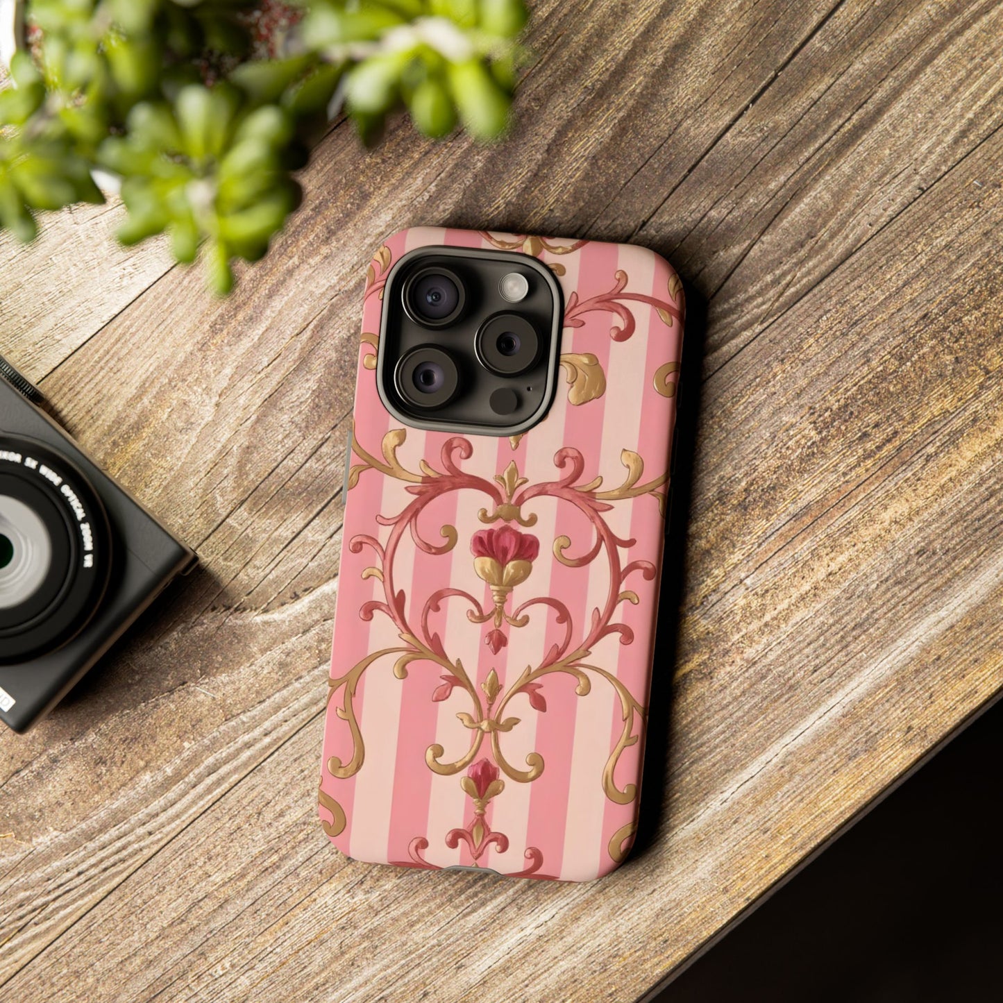 Elegant Floral Motif Phone Case - Tough Cases with Vintage Design - Pink Striped Rose Gold Damask