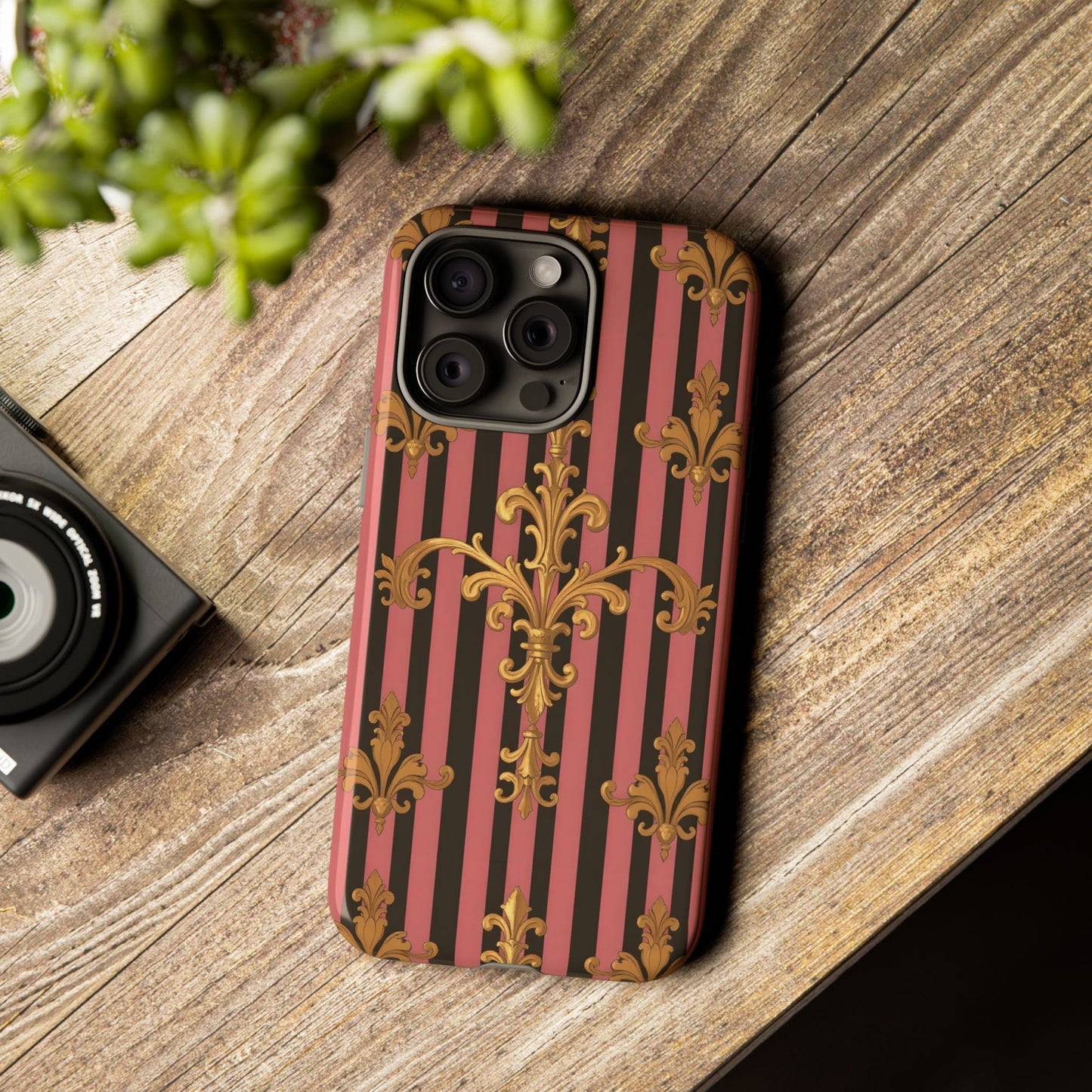 Elegant Floral Motif Phone Case - Tough Cases with Vintage Design - Mauve Striped Gold Damask