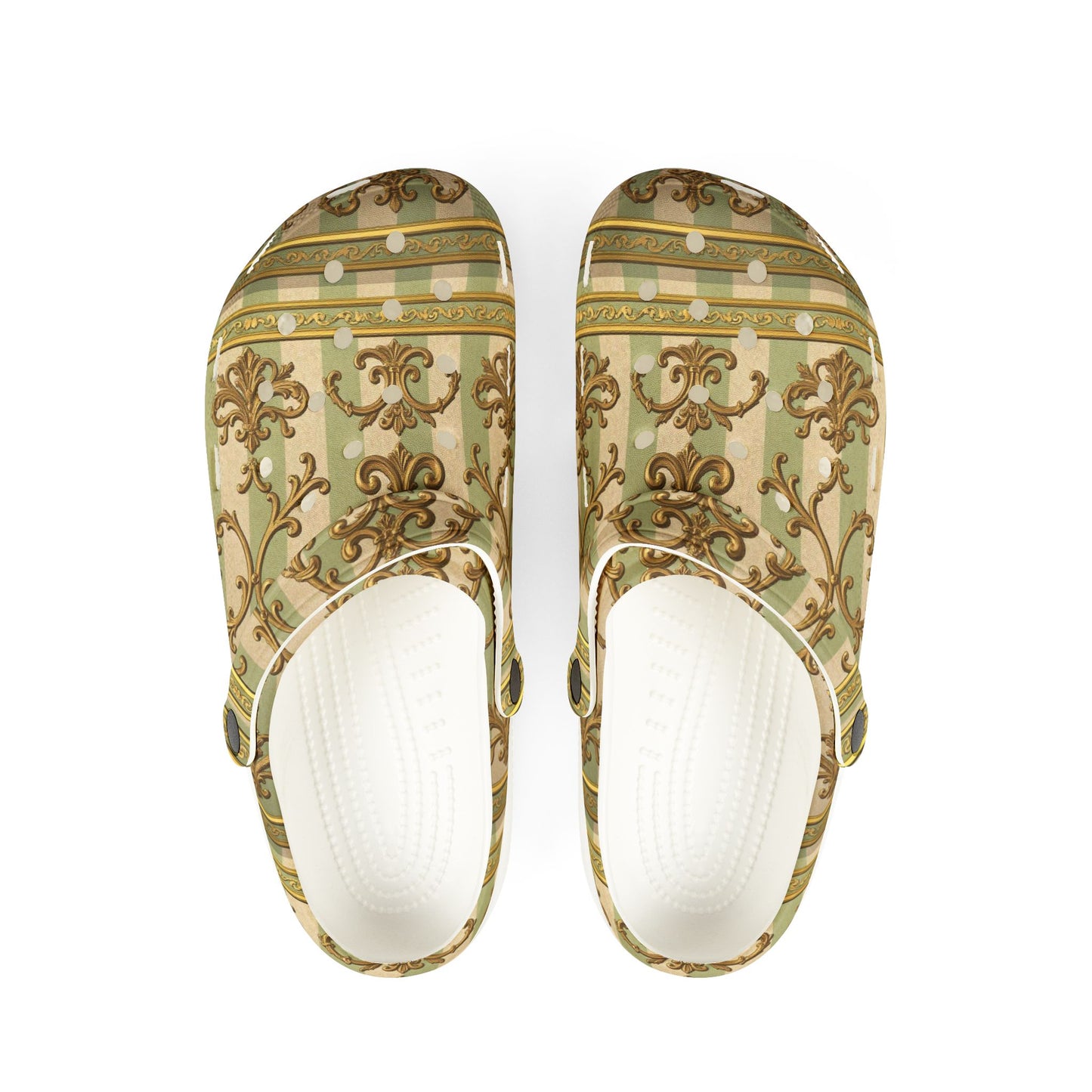 Stylish EVA Foam Clogs with Floral Design, Comfortable Garden Shoes, Unique Fashion Footwear - Mint & Beige Striped Gold Baroque