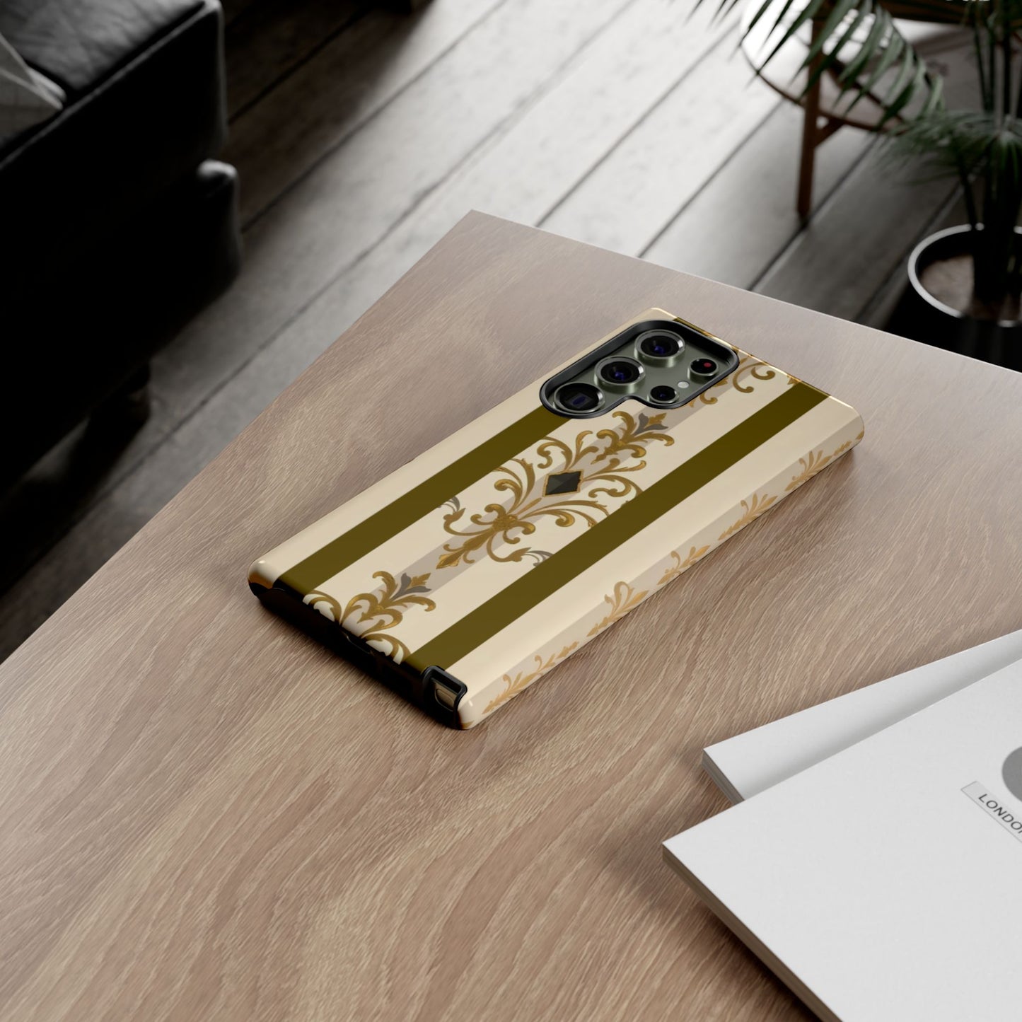 Elegant Floral Motif Phone Case - Tough Cases with Vintage Design - Olive Striped Gold Damask