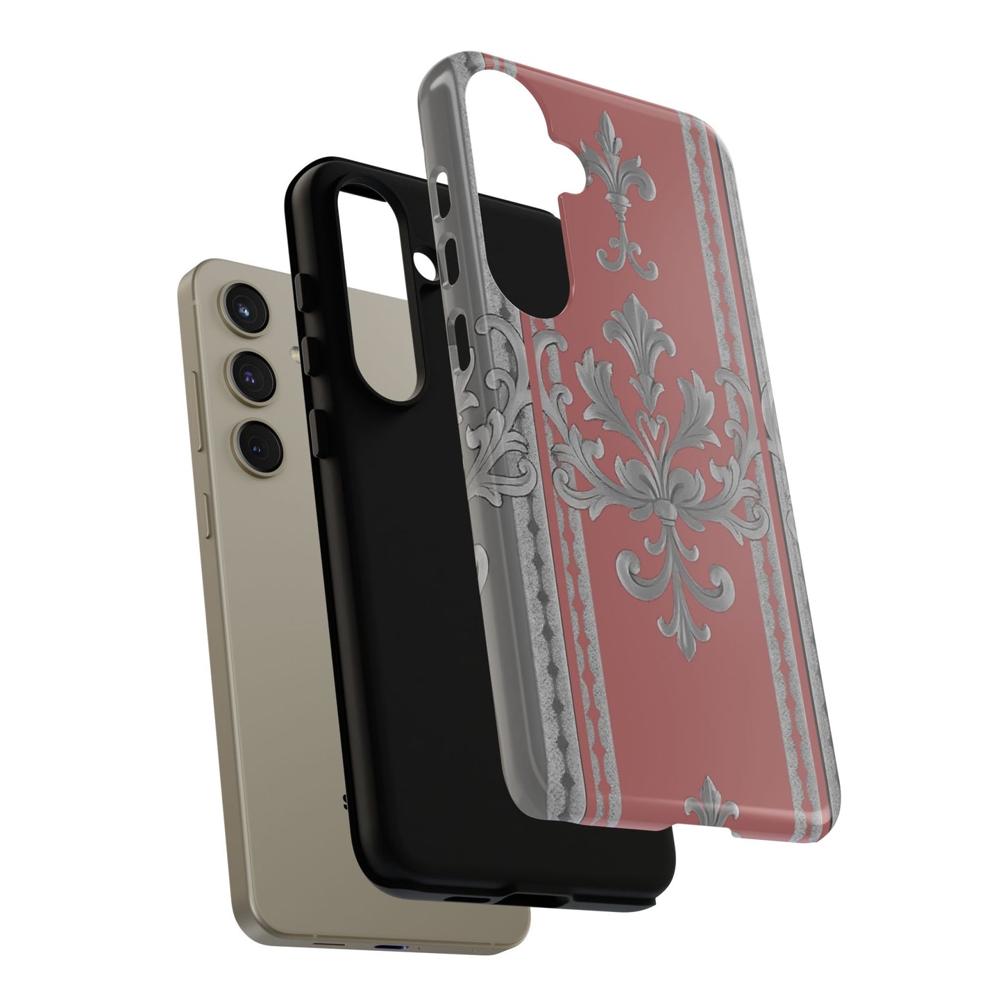 Elegant Floral Phone Case - Tough Cases for Stylish Protection - Gray & Mauve Striped Baroque