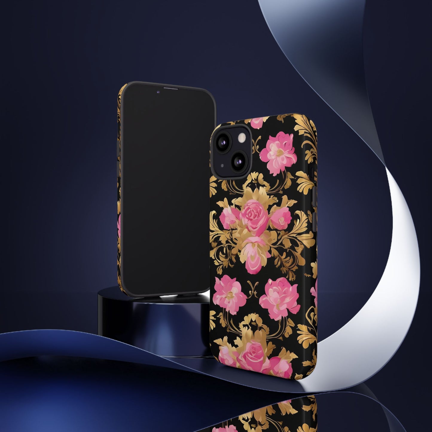 Elegant Floral Motif Phone Case - Tough Cases with Vintage Design - Pink & Gold Roses