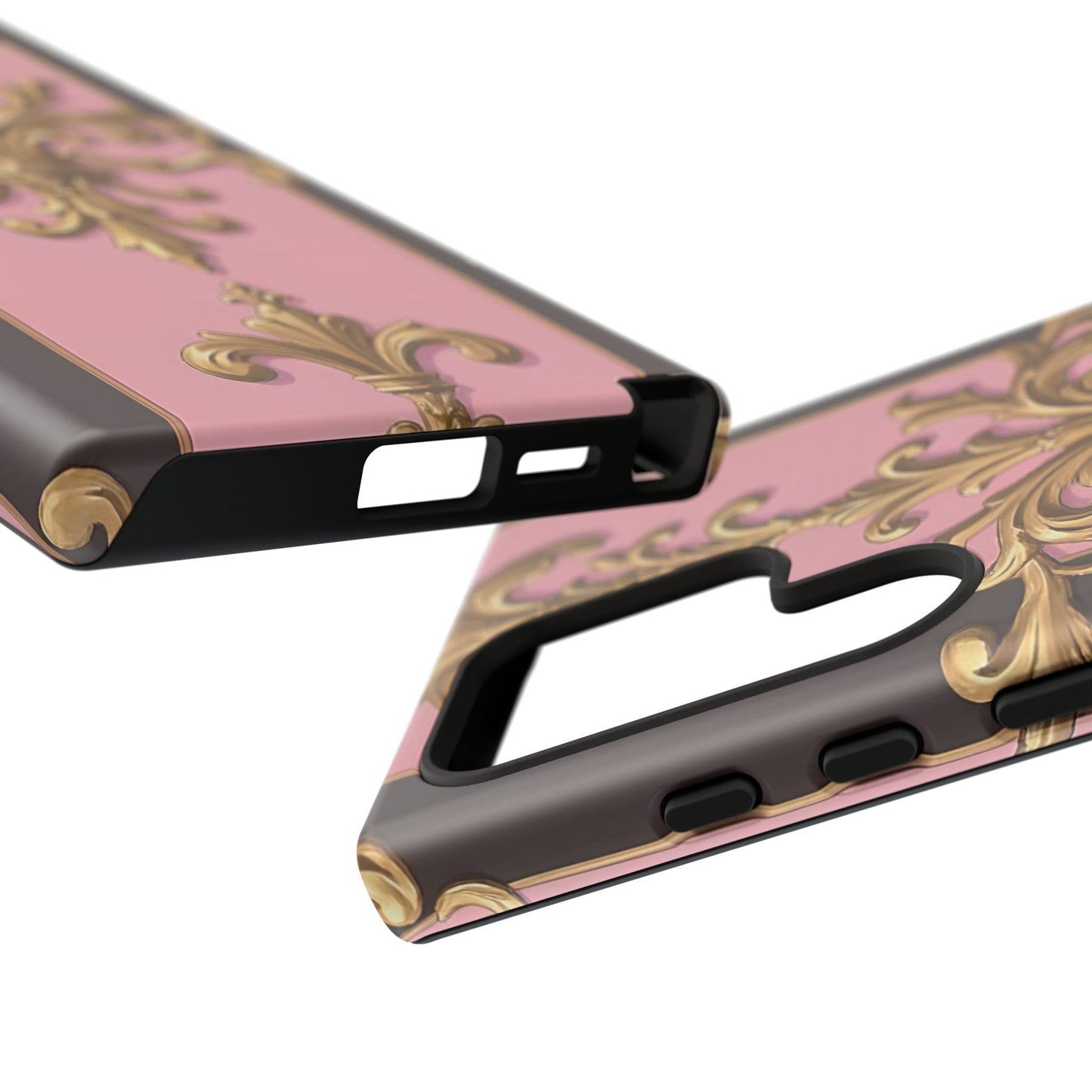 Elegant Floral Motif Phone Case - Tough Cases with Vintage Design - Pink & Brown Striped Gold Damask