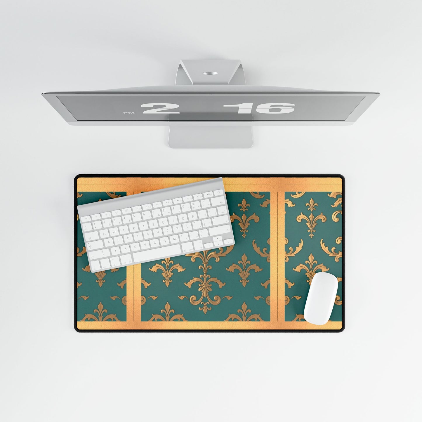 Elegant Floral Desk Mat for Home Office Decor - Aqua & Gold Damask