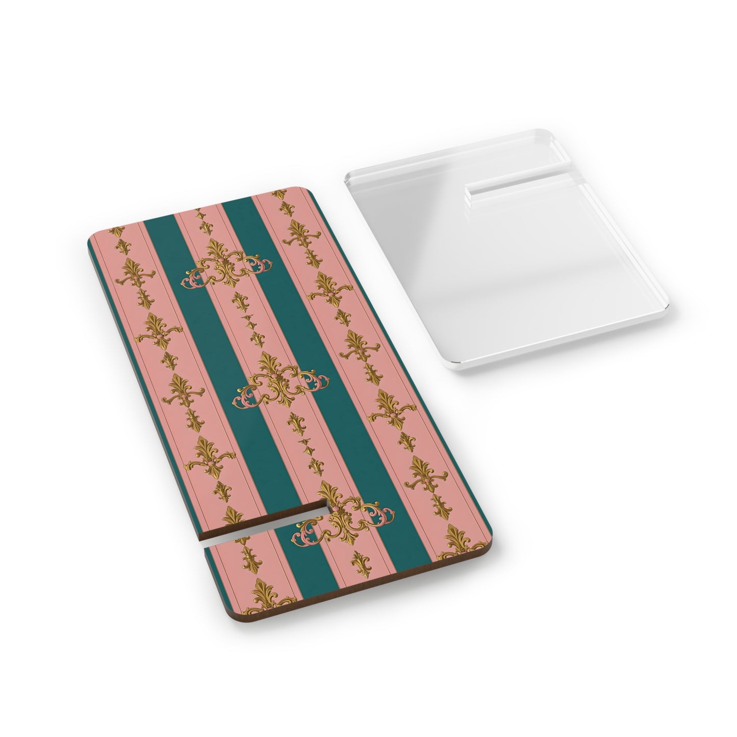 Elegant Mobile Display Stand for Smartphones, Decorative Phone Holder, Trendy Desk Accessory - Pink & Teal Striped Gold Baroque