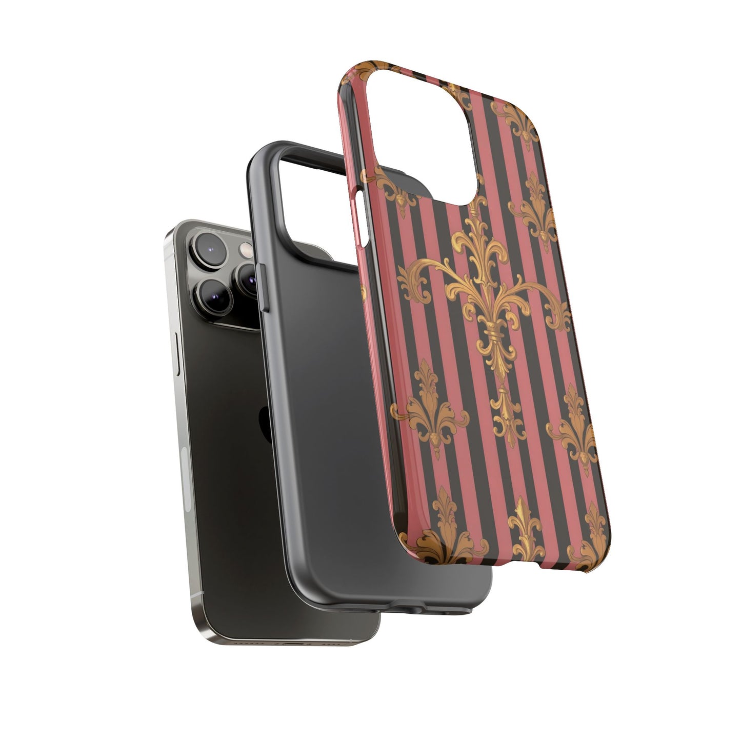 Elegant Floral Motif Phone Case - Tough Cases with Vintage Design - Mauve Striped Gold Damask