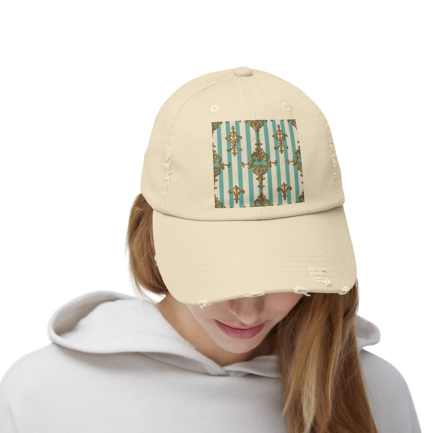 Stylish Unisex Distressed Cap with Vintage Pattern, Casual Hat for Everyday Wear, Gift for Birthdays - Matte Green Striped Rococo