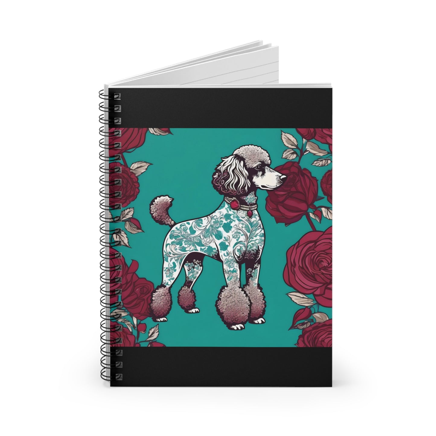 Elegant Vintage Spiral Notebook - Ruled Line with Damask Aqua & White Poodle With Burgundy Roses