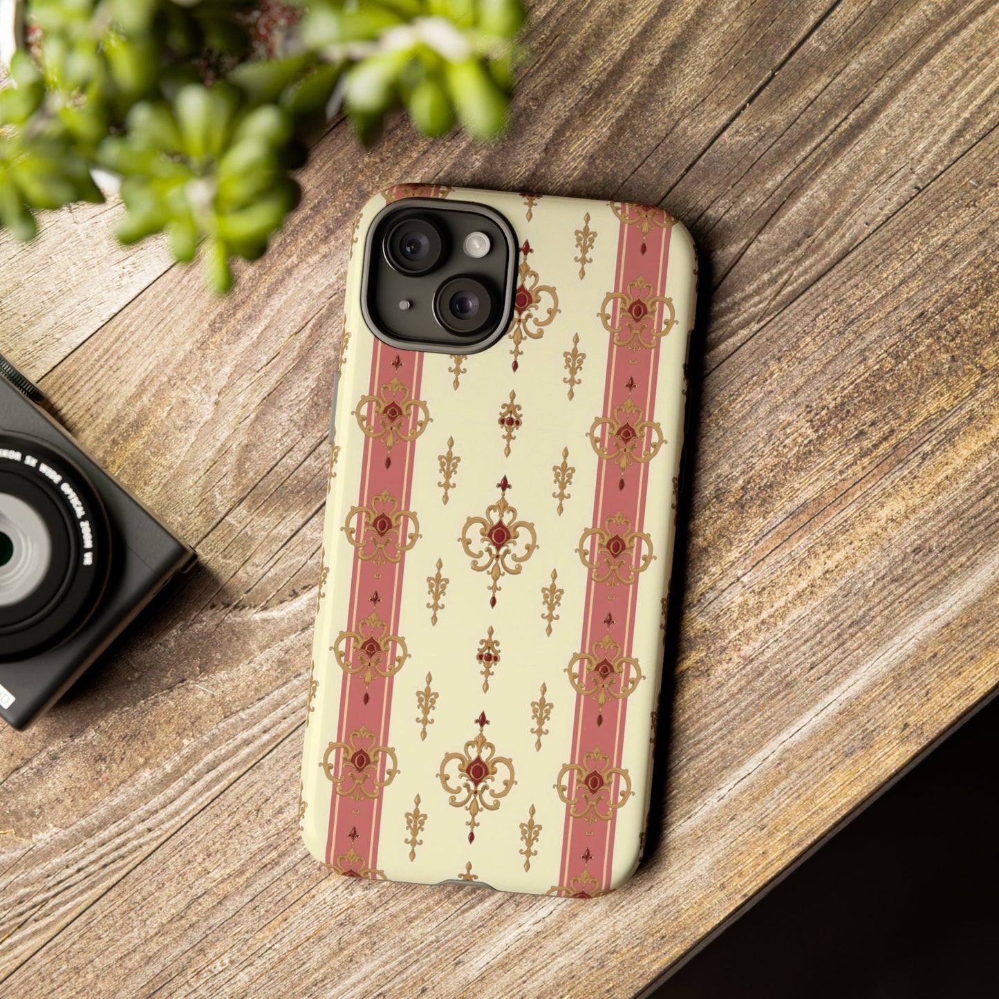Elegant Floral Motif Phone Case - Tough Cases with Vintage Design - Mauve Striped Gold Damask