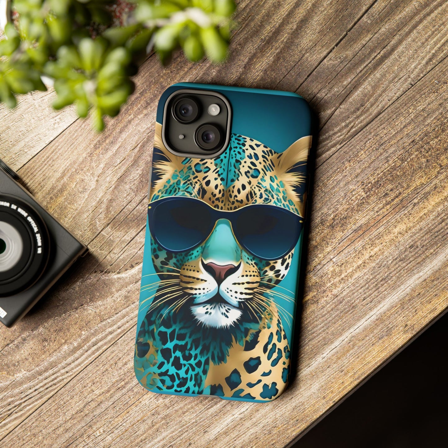 Phone Case - Aqua & Gold Leopard In Sunglasses Design