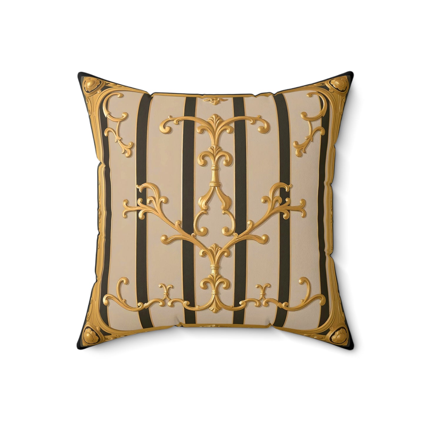 Elegant Neoclassical Square Pillow | Gold Accents, Home Decor, Gift for Him/Her, Luxury Cushion, Living Room Accent - Beige Striped Gold Rococo