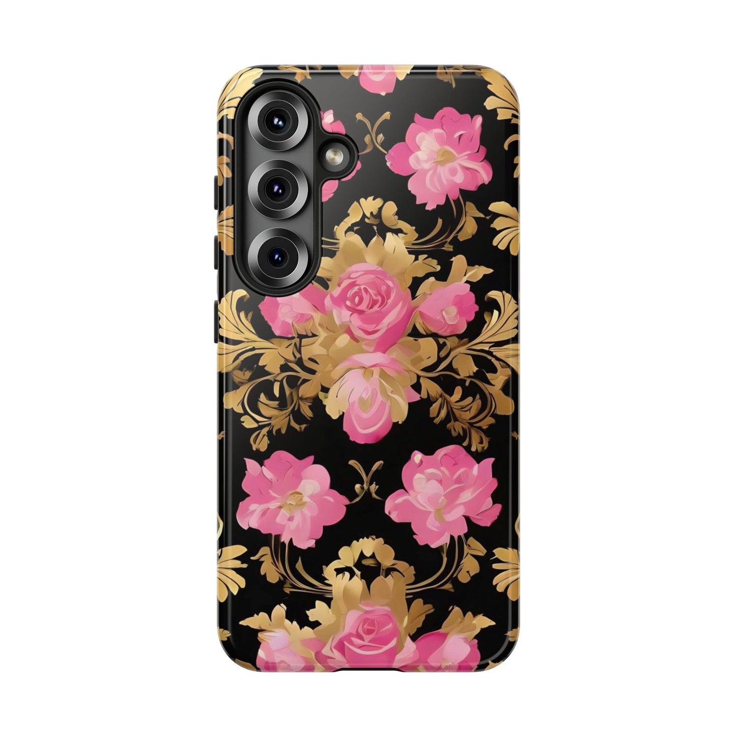 Elegant Floral Motif Phone Case - Tough Cases with Vintage Design - Pink & Gold Roses