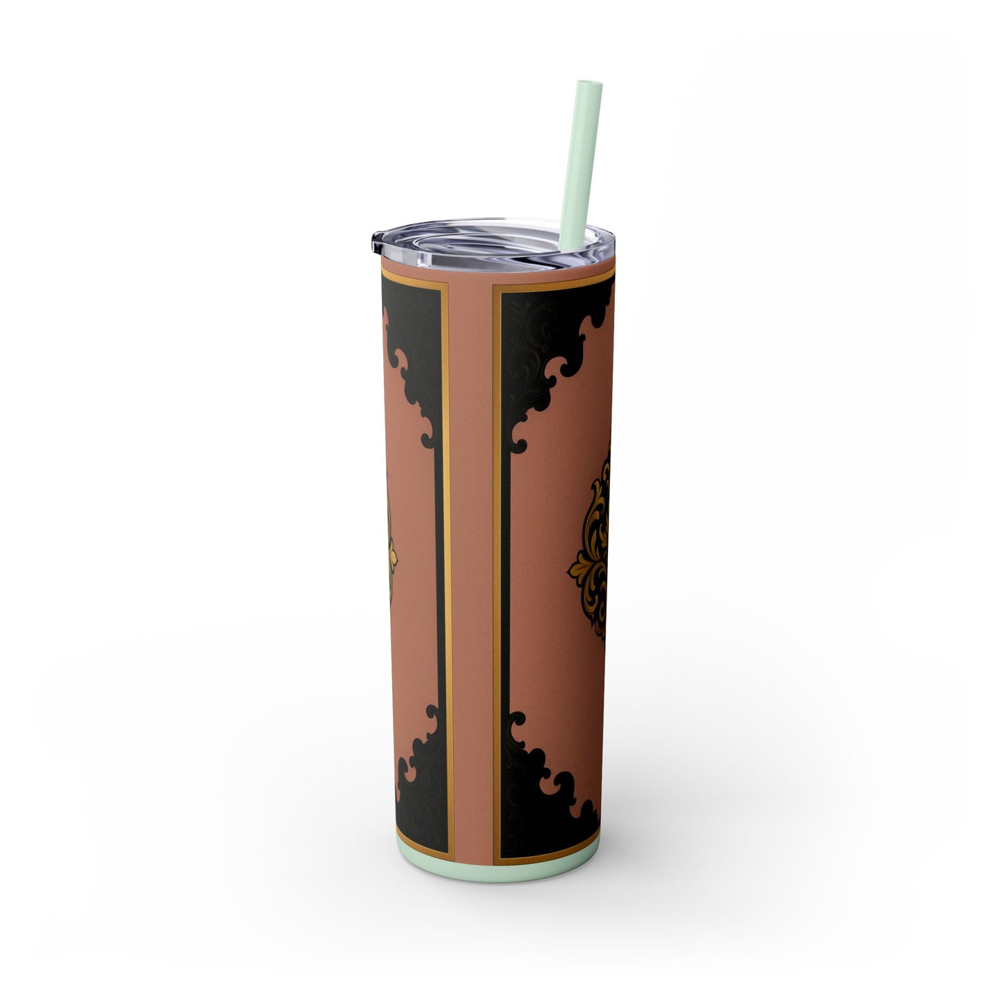 20oz Skinny Tumbler with Straw — Vintage Mauve & Black-Gold Baroque Design