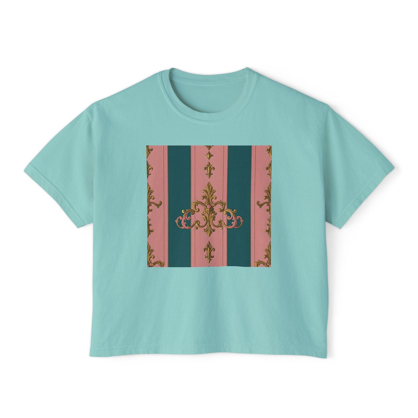 Chic Women's Boxy Tee with Elegant Floral Design, Casual Wear, Summer Fashion, Gifts for Her, Stylish Tee - Pink & Teal Striped Gold Baroque
