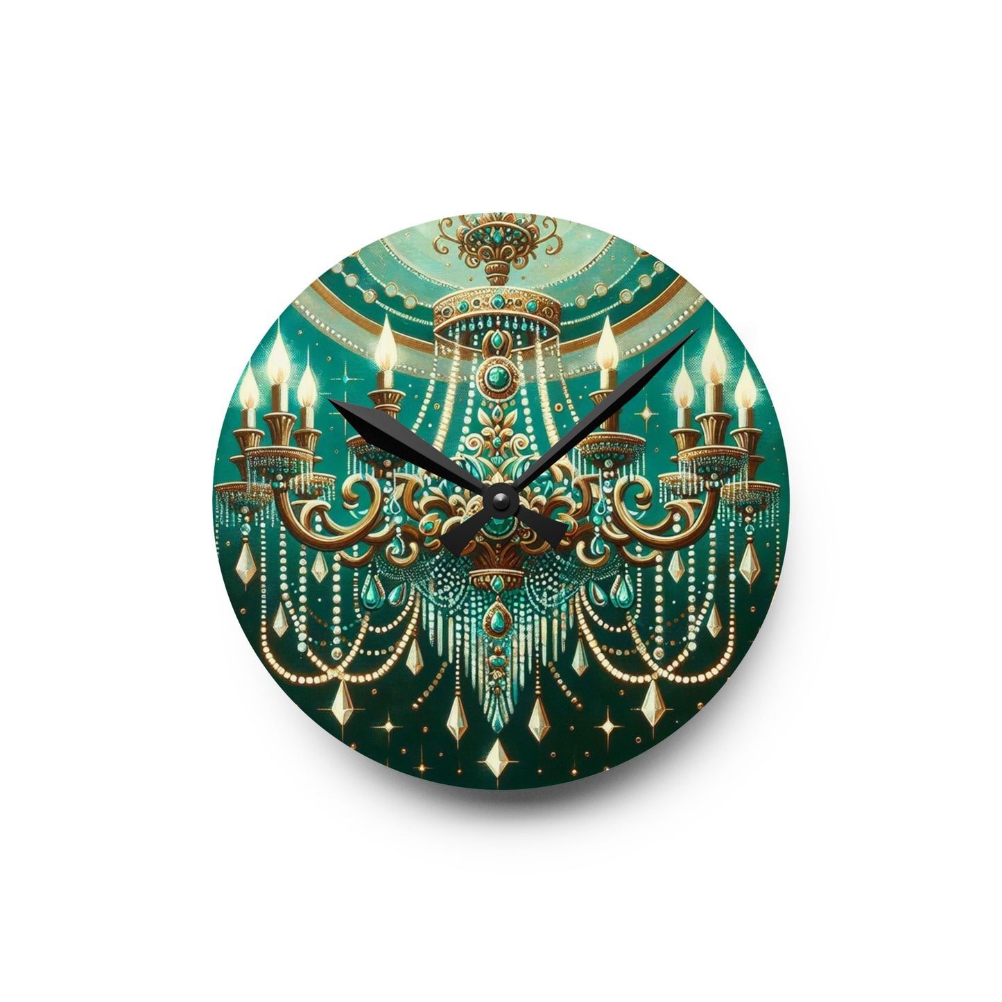 Chic Chandelier Acrylic Wall Clock, Elegant Home Decor, Modern Timepiece, Unique Gift, Wall Art - Green & Gold Jeweled Chandelier