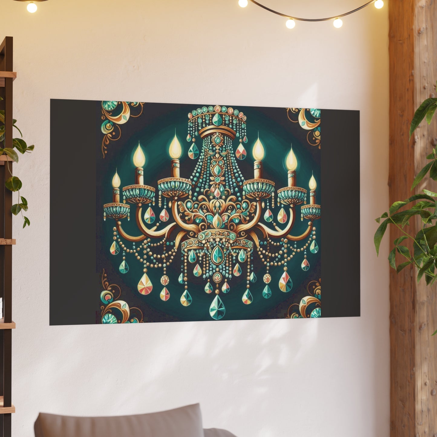 Elegant Chandelier Poster - Luxurious Wall Art for Home Décor - Teal Jeweled Chandelier