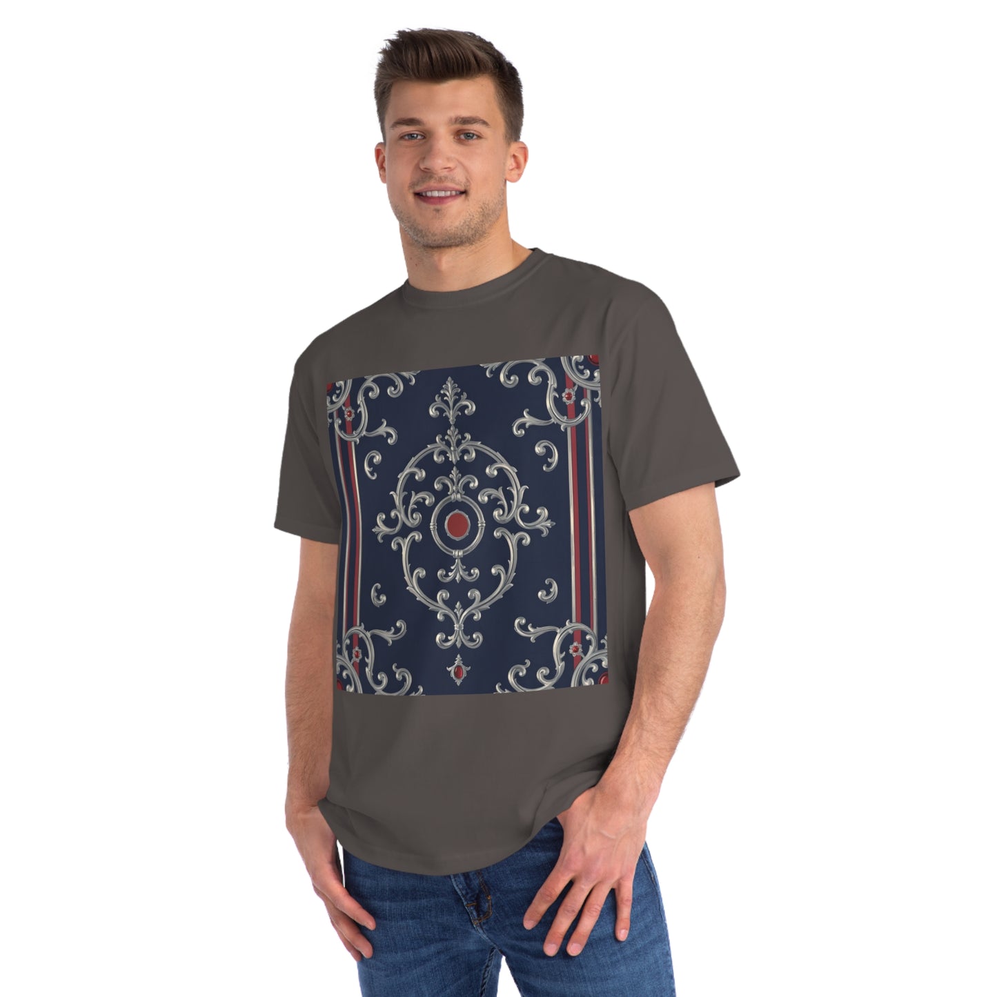 Vintage Pattern Organic Unisex T-Shirt | Baroque Style Tee, Casual Wear, Unique Gift, Eco-Friendly Fashion - Blue & Red Striped Silver Baroque