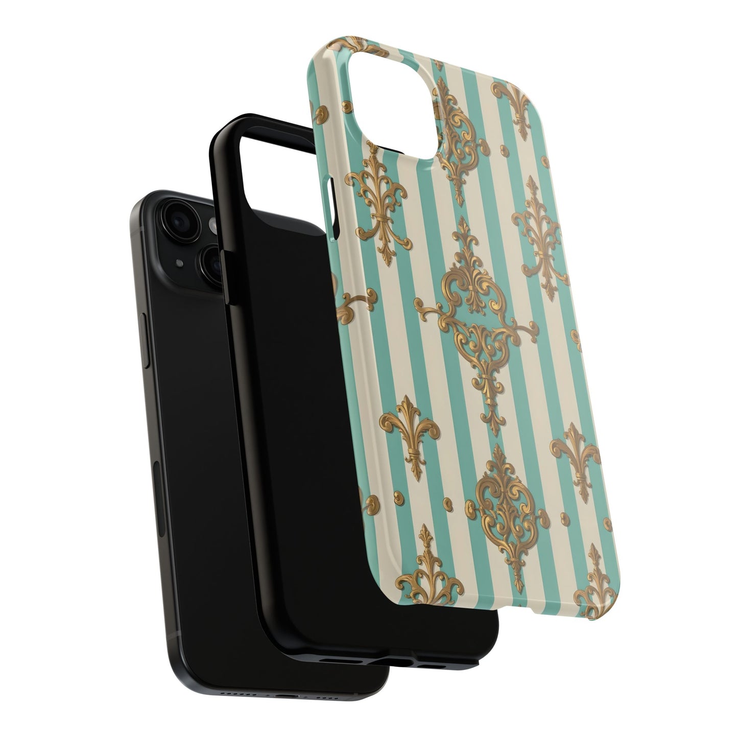 Elegant Striped Phone Case with Vintage Design, Tough Phone Cover, Stylish Smartphone Case - Matte Green Striped Rococo