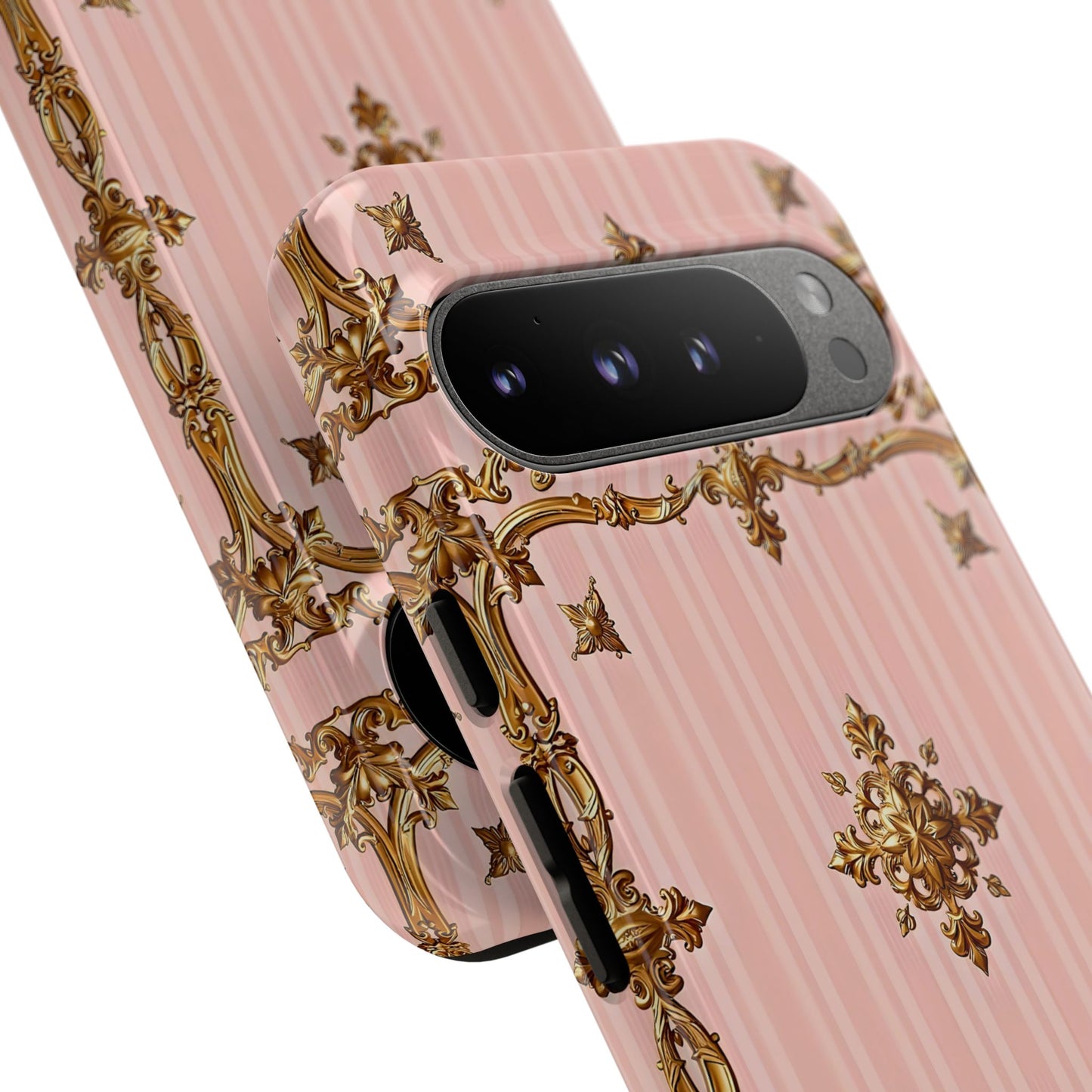 Elegant Floral Phone Case, Tough Cases for Women, Trendy Phone Cover, Chic Gift - Pink Striped Gold Baroque