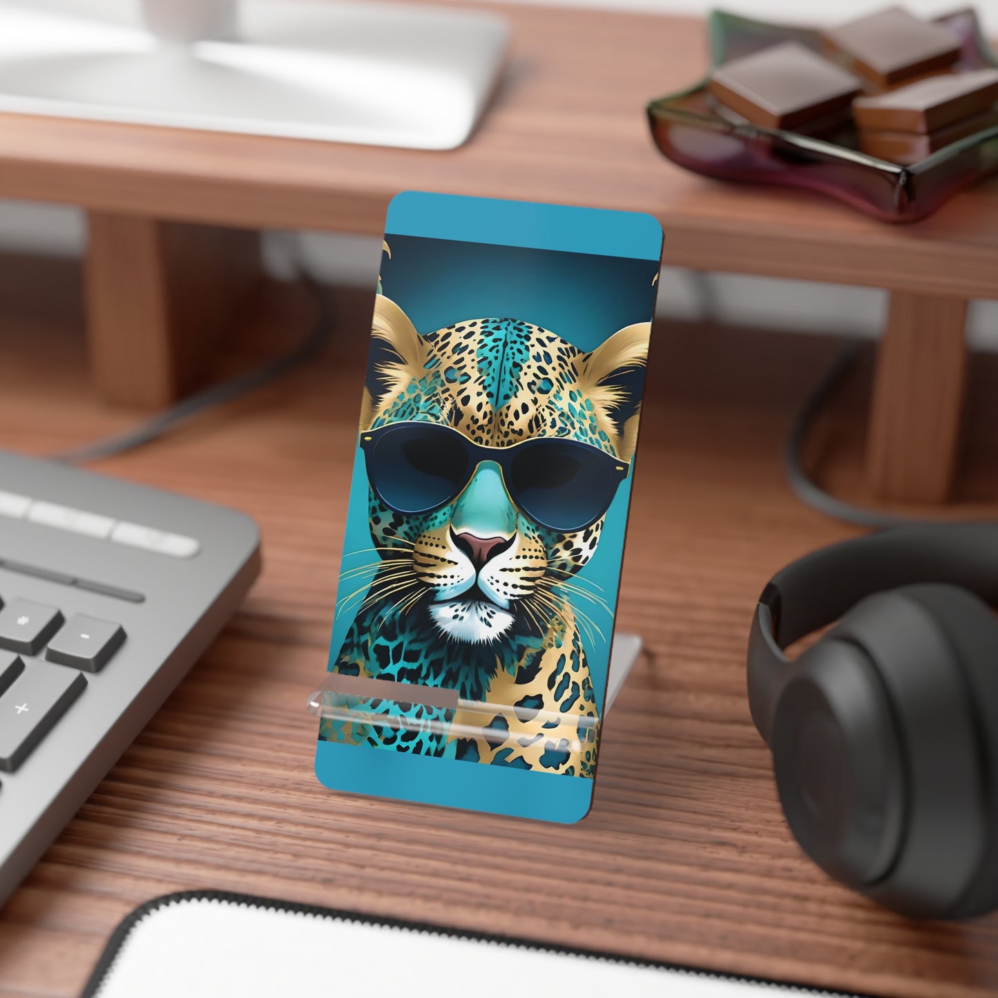 Elegant Floral Smartphone Display Stand - Aqua Leopard & Sunglasses - Decorative Mobile Holder