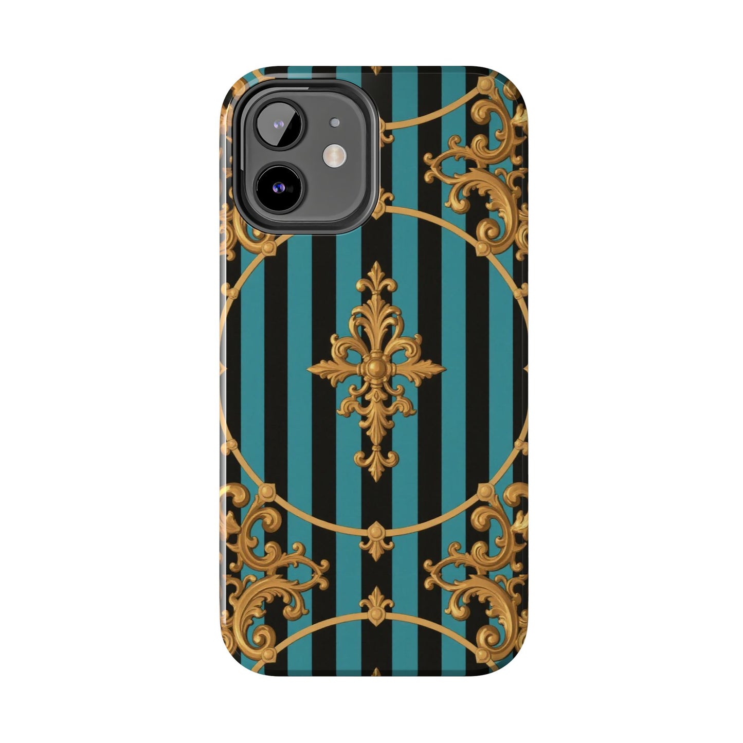Elegant Turquoise & Black Striped Gold Baroque Phone Case, Tough Phone Cases for Fashion Lovers, Gift for Her, Luxury Accessories