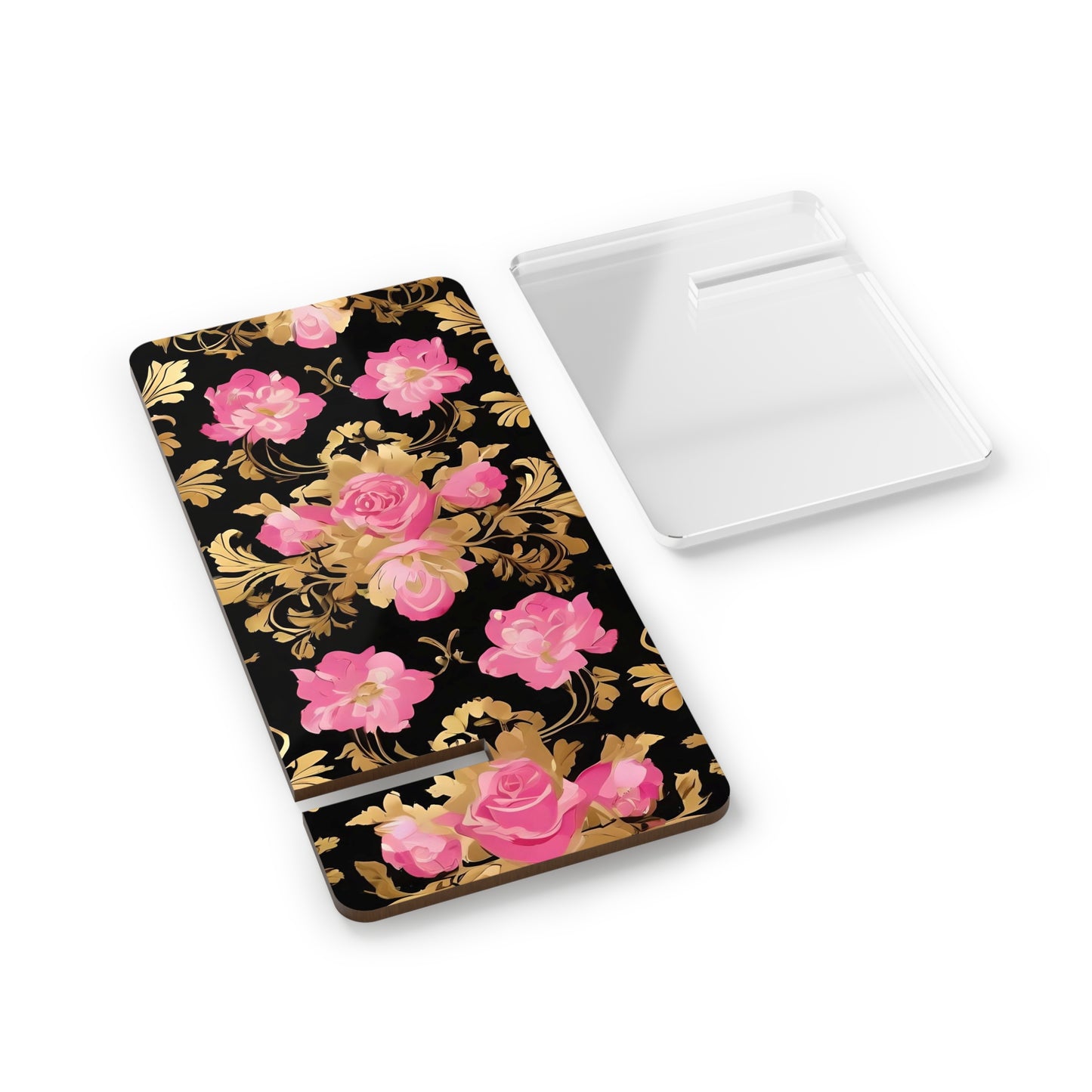 Elegant Floral Motif Smartphone Display Stand - Pink & Gold Roses - Decorative Mobile Holder