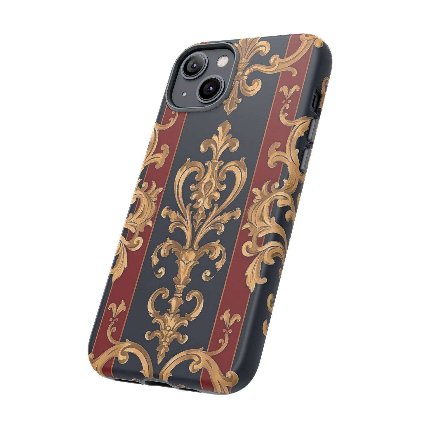 Elegant Floral Motif Phone Case - Tough Cases with Vintage Design - Midnight Blue & Dusk Red Striped Gold Damask