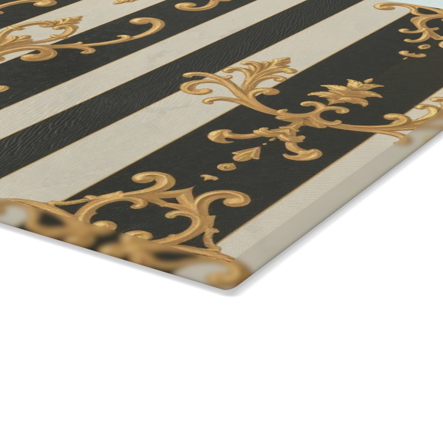 Elegant Black and Alabaster Striped Baroque Glass Cutting Board with Gold and Black Design, Kitchen Decor, Gift for Chefs, Wedding Present