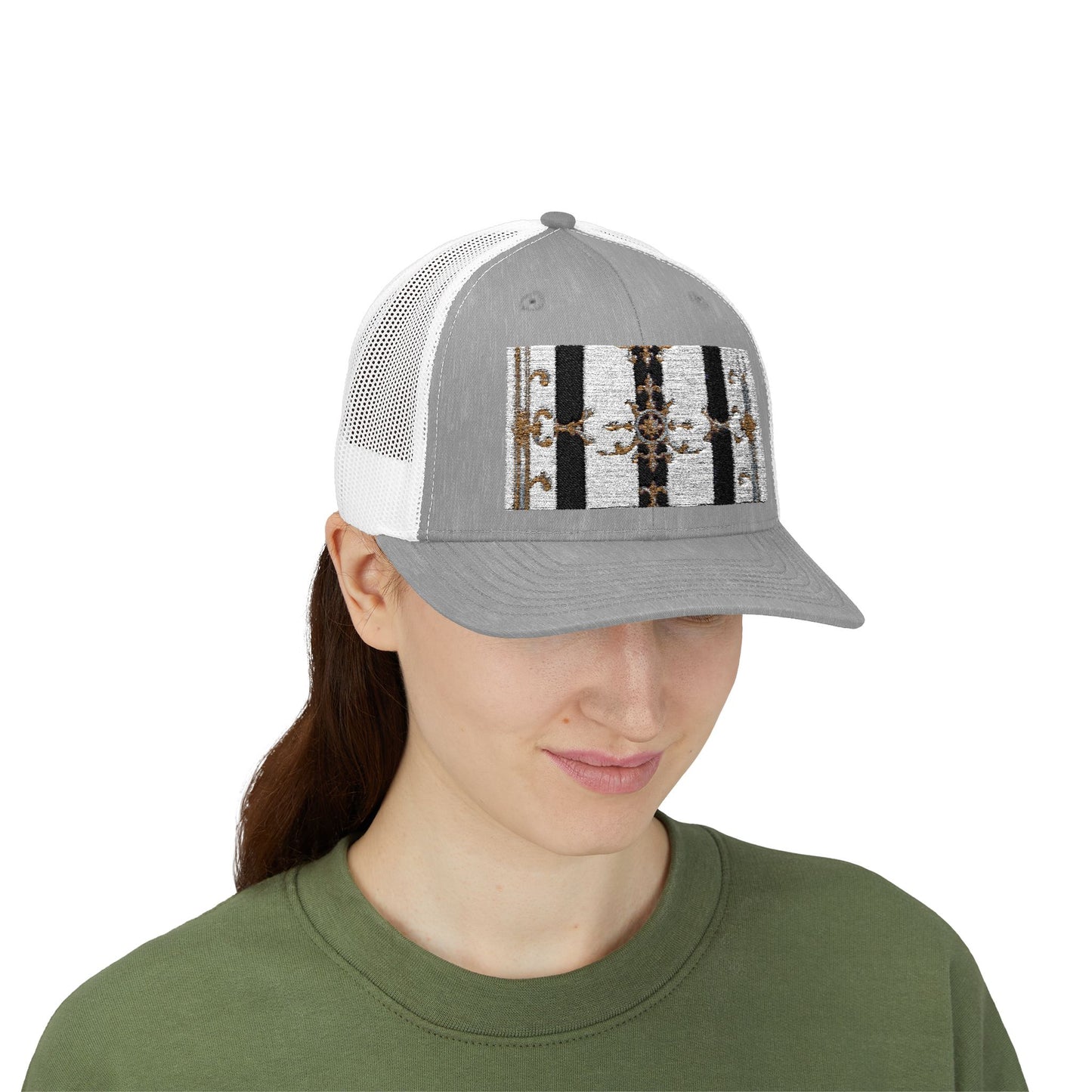 Trendy Snapback Trucker Cap, Casual Fashion Hat, Summer Accessory, Gift Idea for Cool Teens, Outdoor Activities - Black & White Striped Gold Baroque