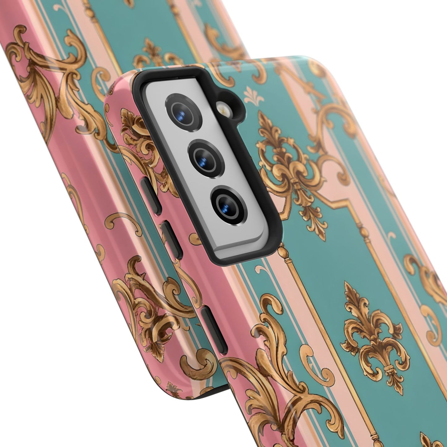 Elegant Floral Tough Phone Case, Artistic Phone Cover, Gift for Her, Chic Phone Accessory - Pink & Matte Turquoise Striped Rococo