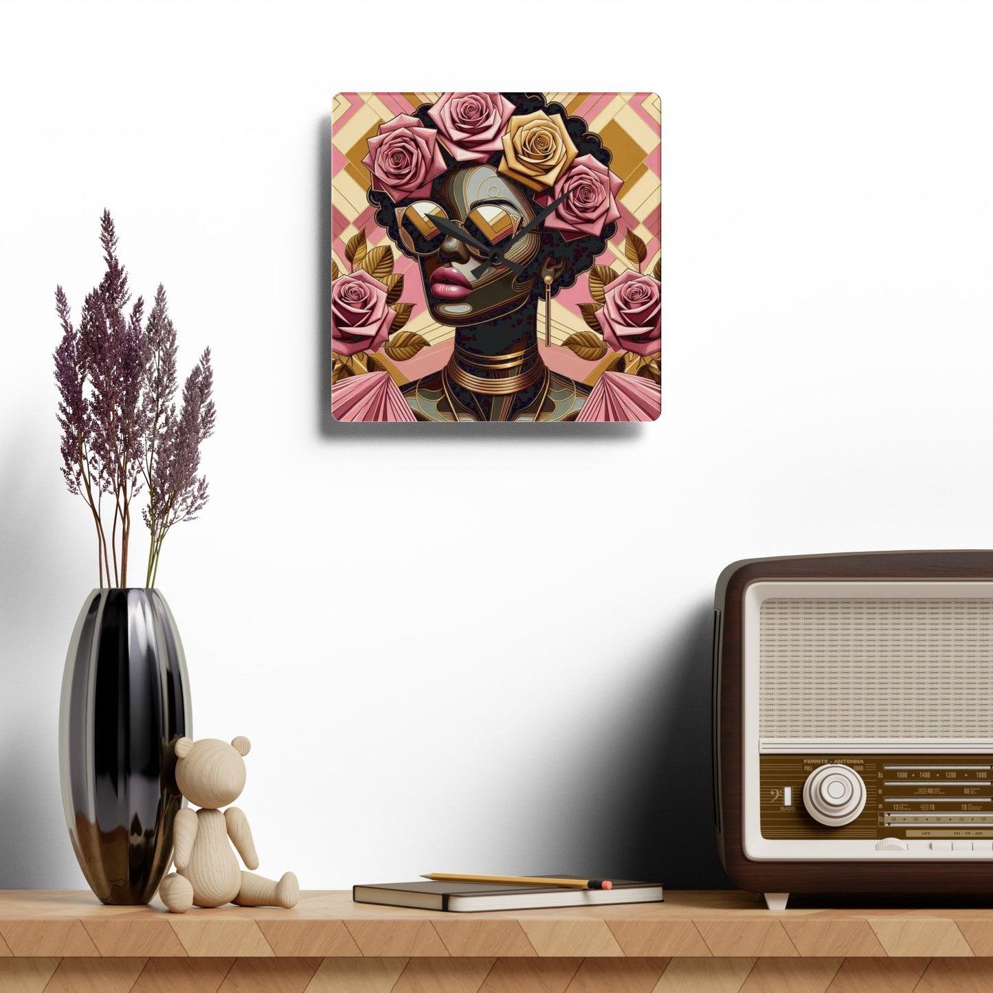 Elegant Afro Woman Acrylic Wall Clock with Floral Design, Boho Home Decor, Unique Wall Art, Gift for Her - Pink Roses Lady