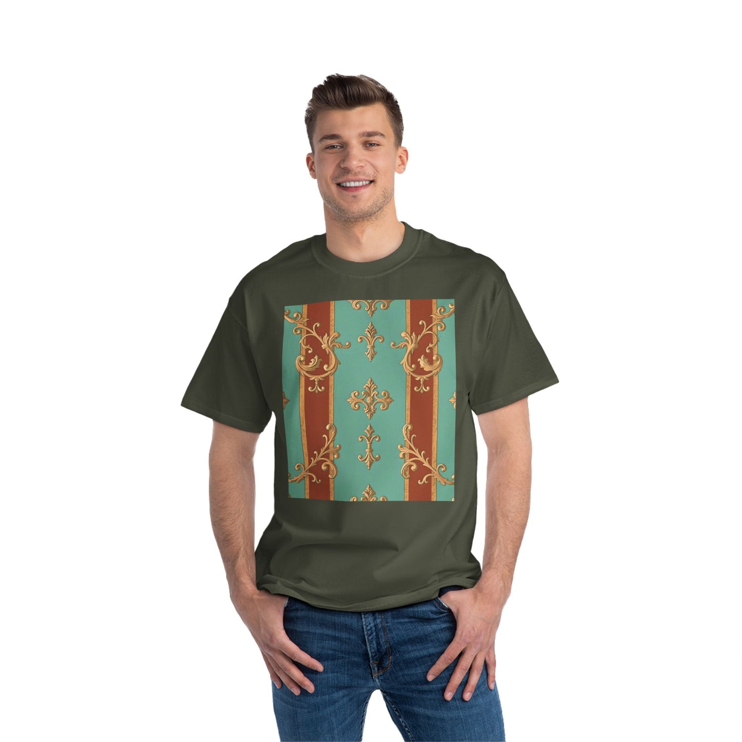 Elegant Vintage Patterned T-Shirt | Vintage Style Tee, Casual Wear, Retro Aesthetic - Rust & Mint Aqua Striped Baroque