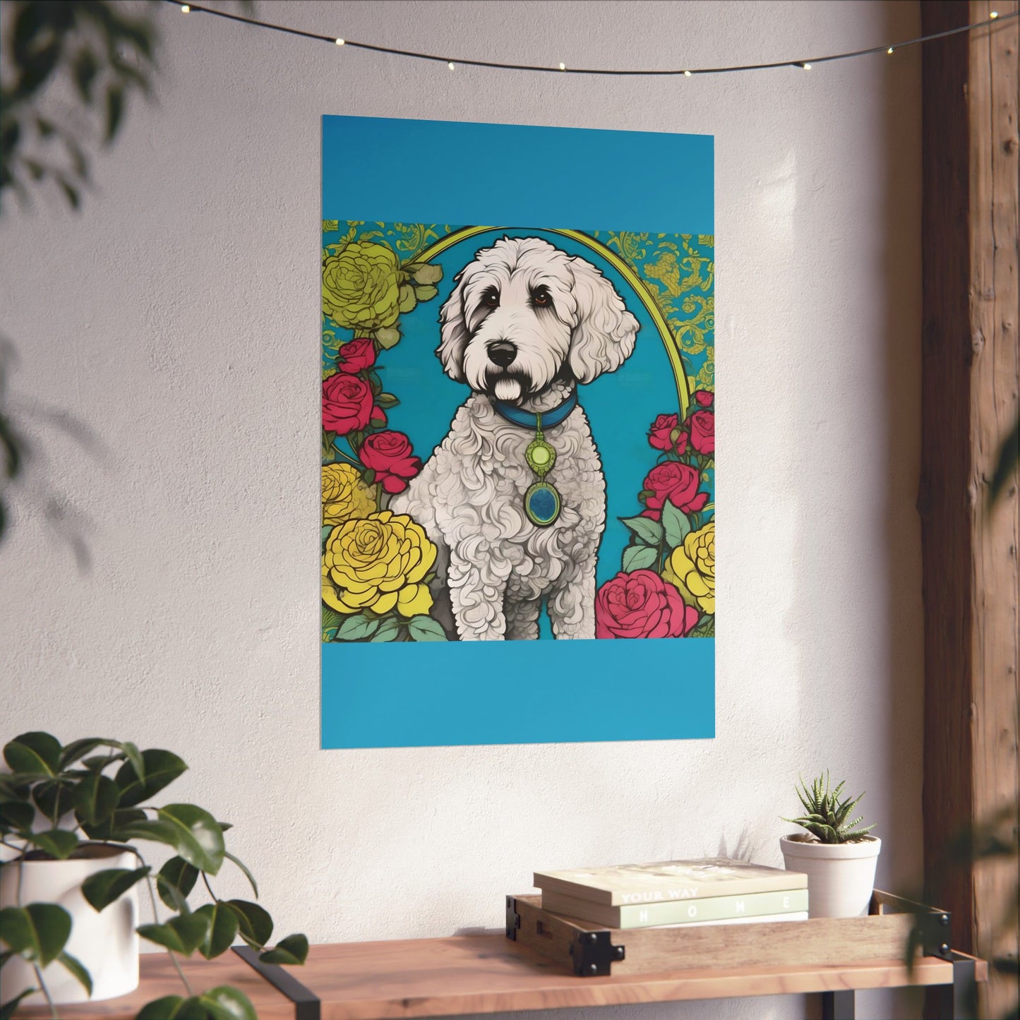 Floral Motif Art Poster - Elegant Matte Vertical Wall Decor - Golden Doodle In Turquoise & Roses