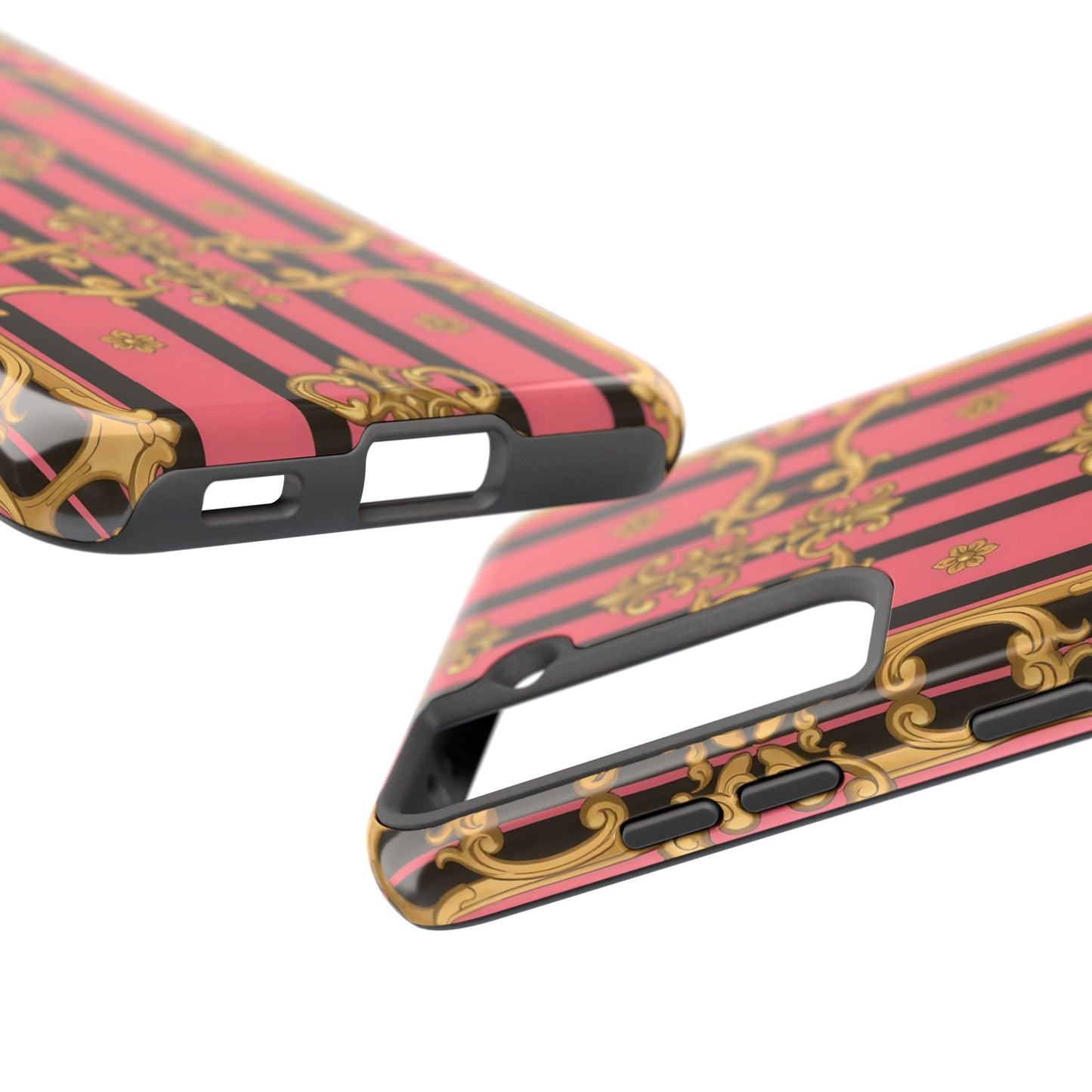 Elegant Baroque Tough Phone Cases, Stylish Protection, Gift for Her, Trendy Accessory - Pink & Black Striped Gold Baroque