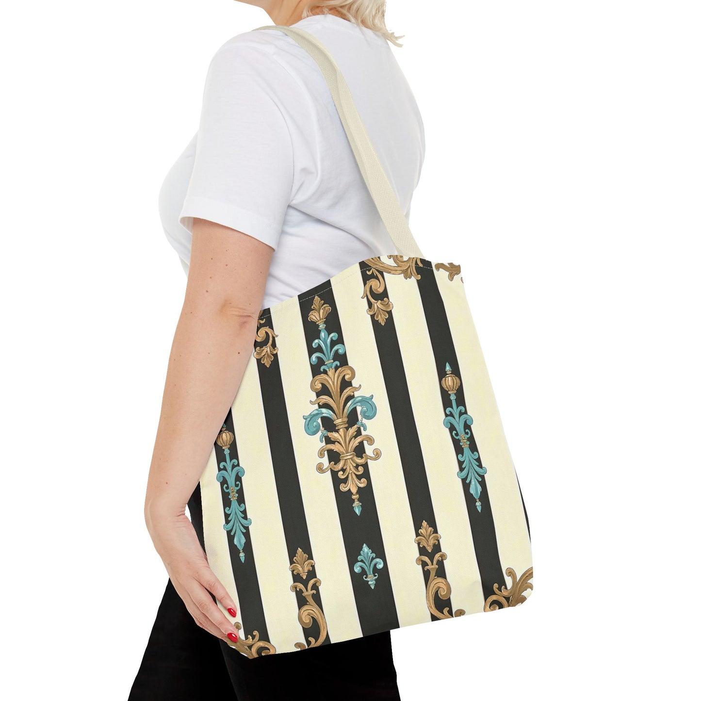 Elegant Stripe Pattern Tote Bag | Fashionable Reusable Shopping Tote, Eco-Friendly Gift Bag - Black Striped Turquoise & Black Rococo
