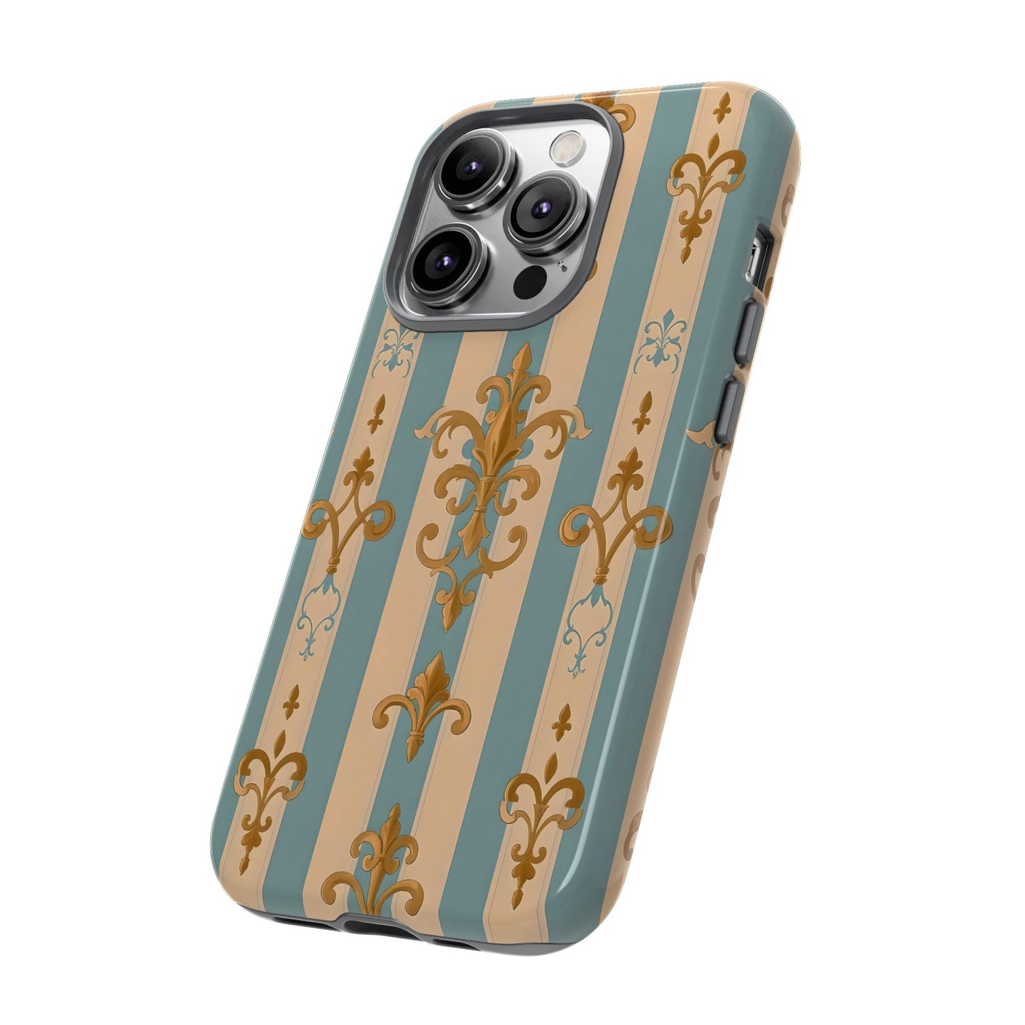 Elegant Floral Motif Phone Case - Tough Cases with Vintage Design -  Beige & Sky Blue Striped Gold Damask