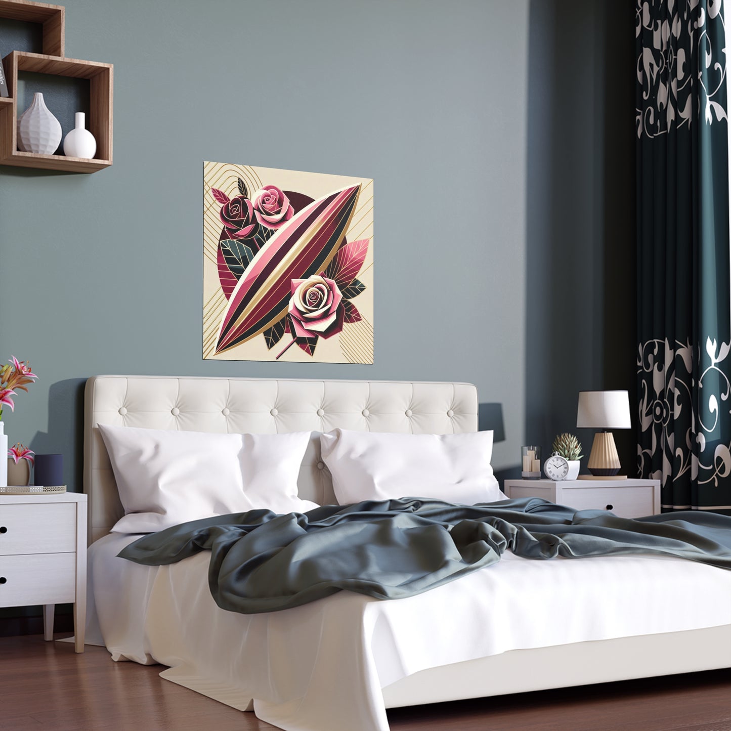 Elegant Floral Silk Poster - Indoor/Outdoor Wall Art for Home Decor - Pink & Burgundy Striped Surfboard & Roses