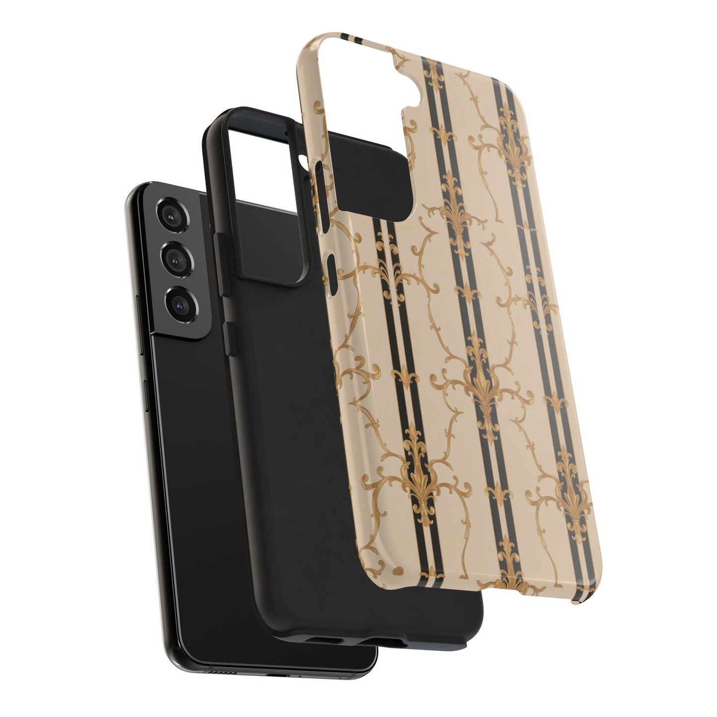 Elegantly Tough Phone Cases | Stylish Phone Covers, Durable Cases, Fashionable Accessories - Black & Beige Striped Damask