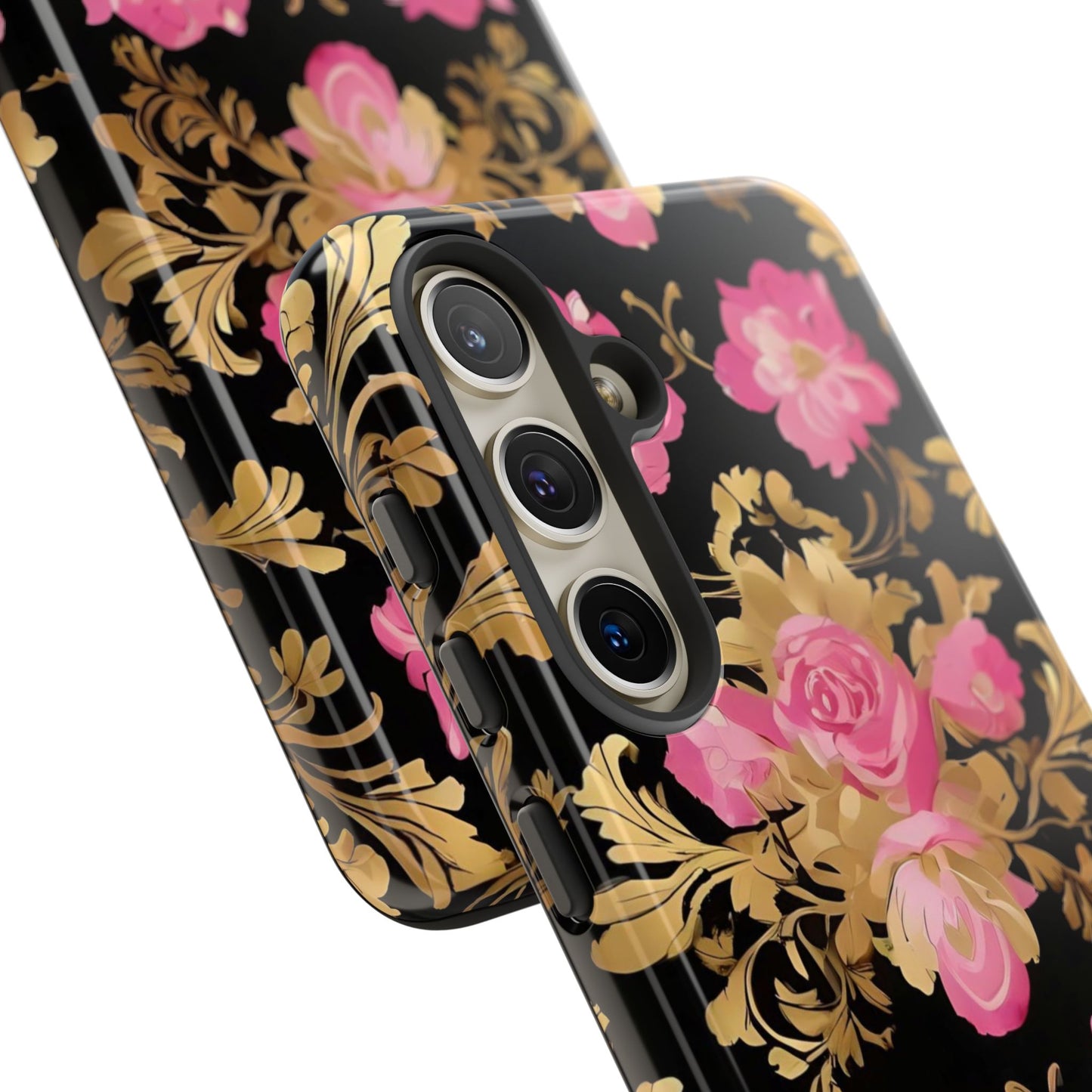 Elegant Floral Motif Phone Case - Tough Cases with Vintage Design - Pink & Gold Roses