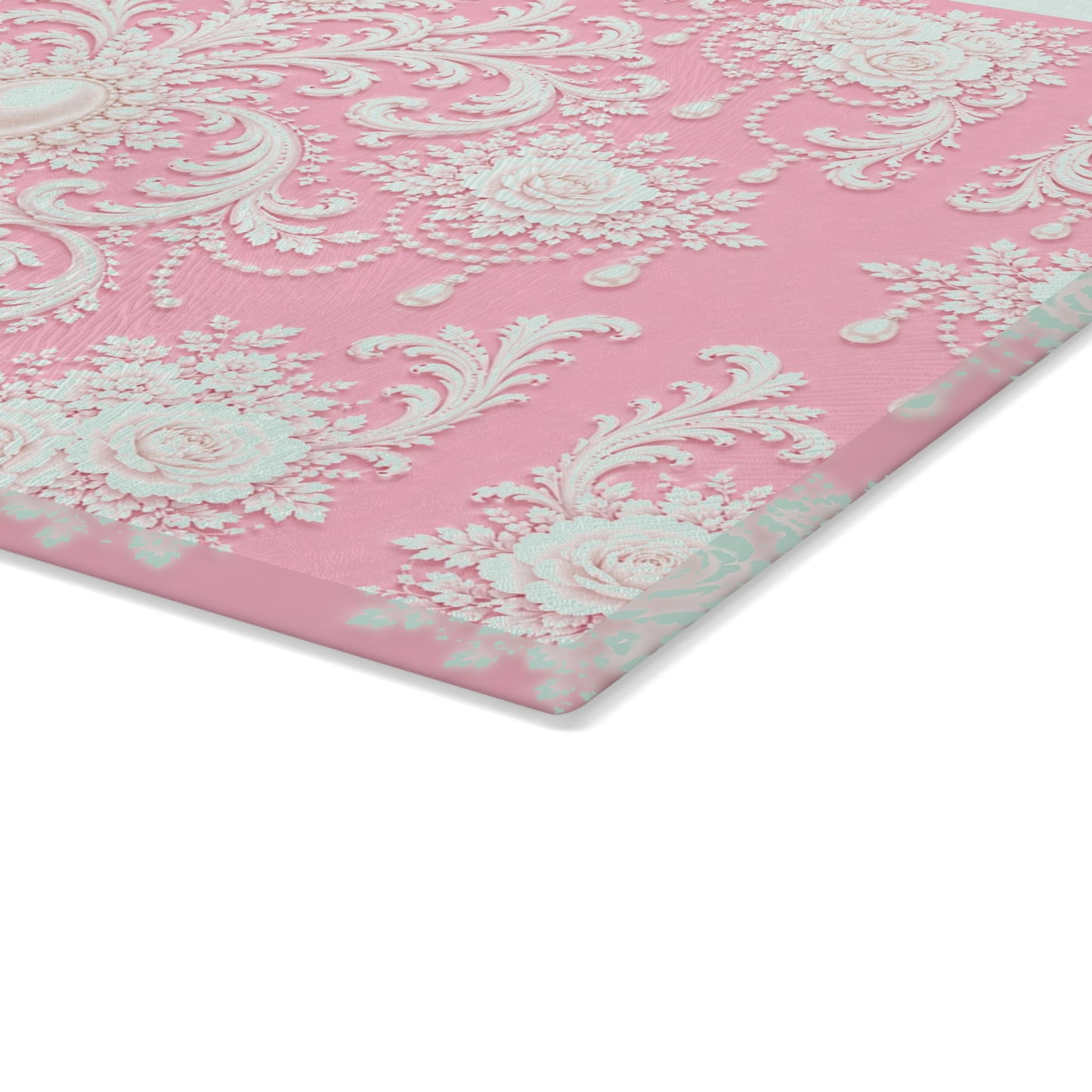 Pink Rococo Glass Cutting Board – Elegant Floral Pattern Kitchen Board