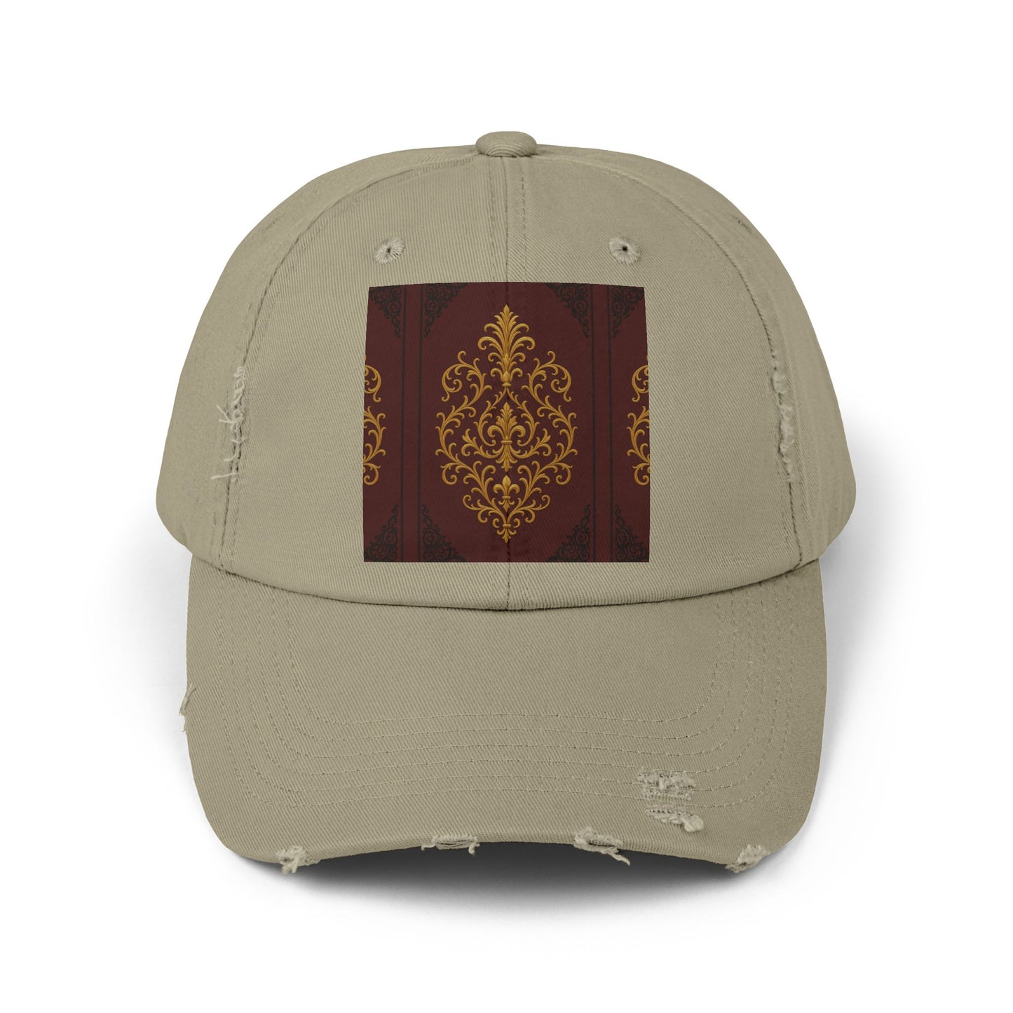 Dusk Burgundy-Black & Gold Baroque Distressed Black Cap with Vintage Gold Baroque Panel – Elegant Retro Baseball Hat