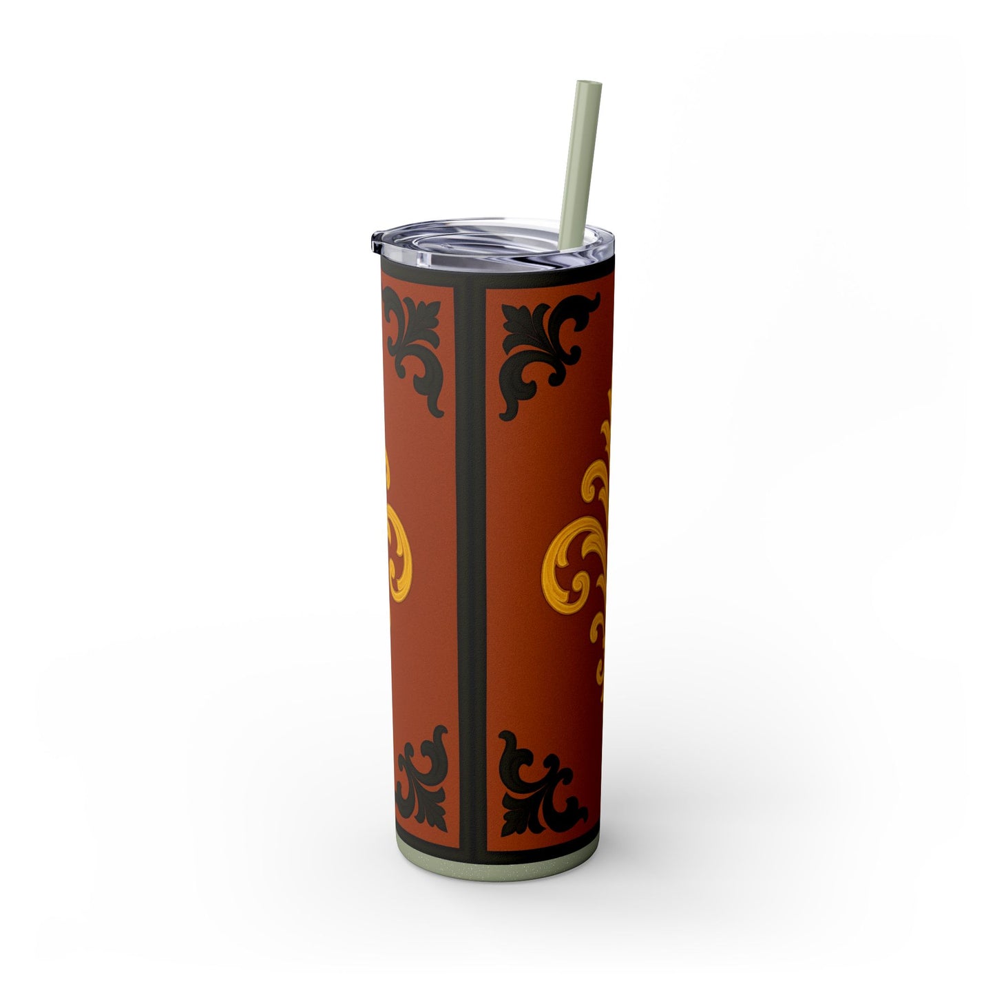 Dusk Terracotta Baroque 20oz Skinny Tumbler with Straw — Vintage Gold Baroque Design