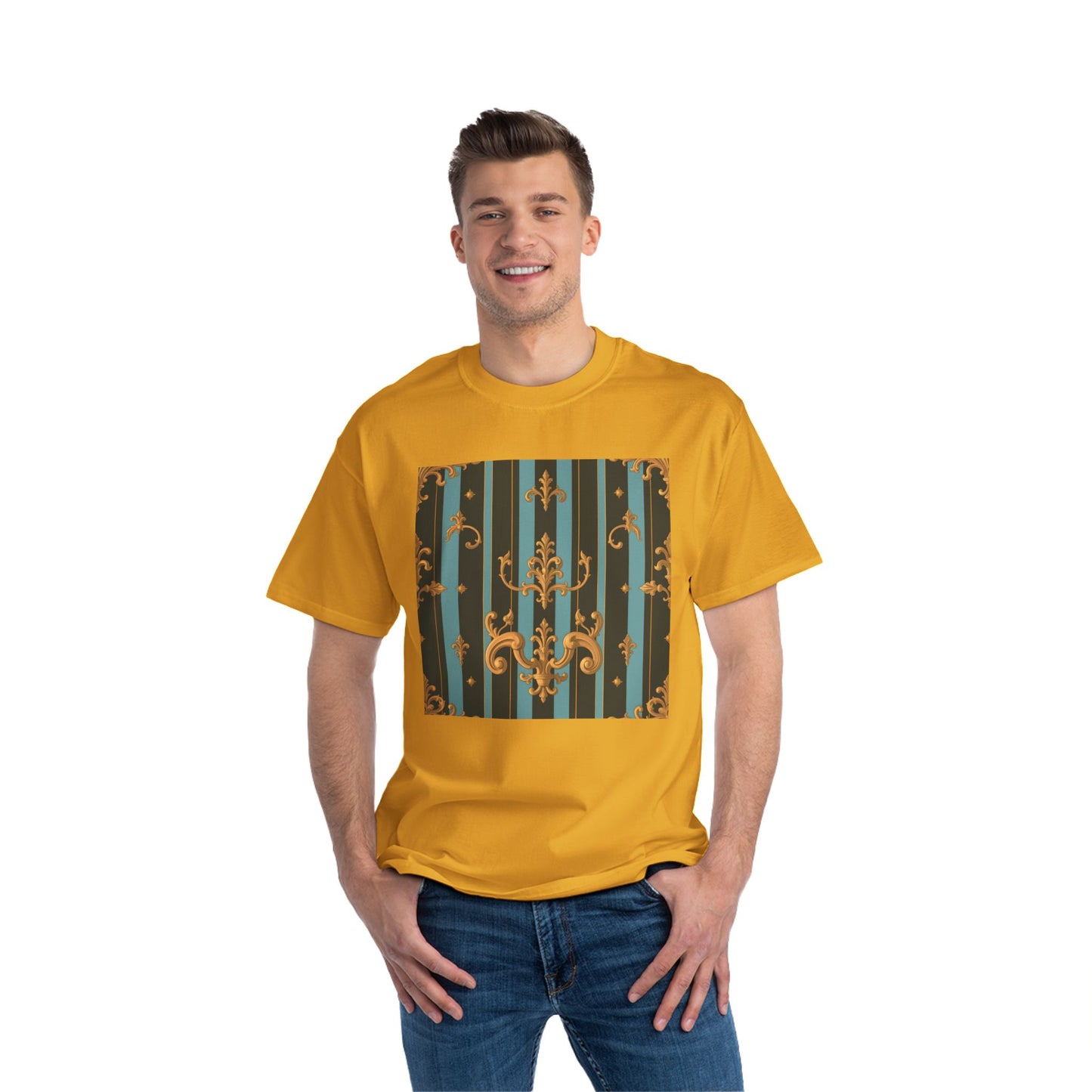 Elegant Vintage Pattern T-Shirt, Stylish Tee for Everyday Wear, Retro Design Shirt, Perfect Gift for Art Lovers - Black & Turquoise Striped Baroque