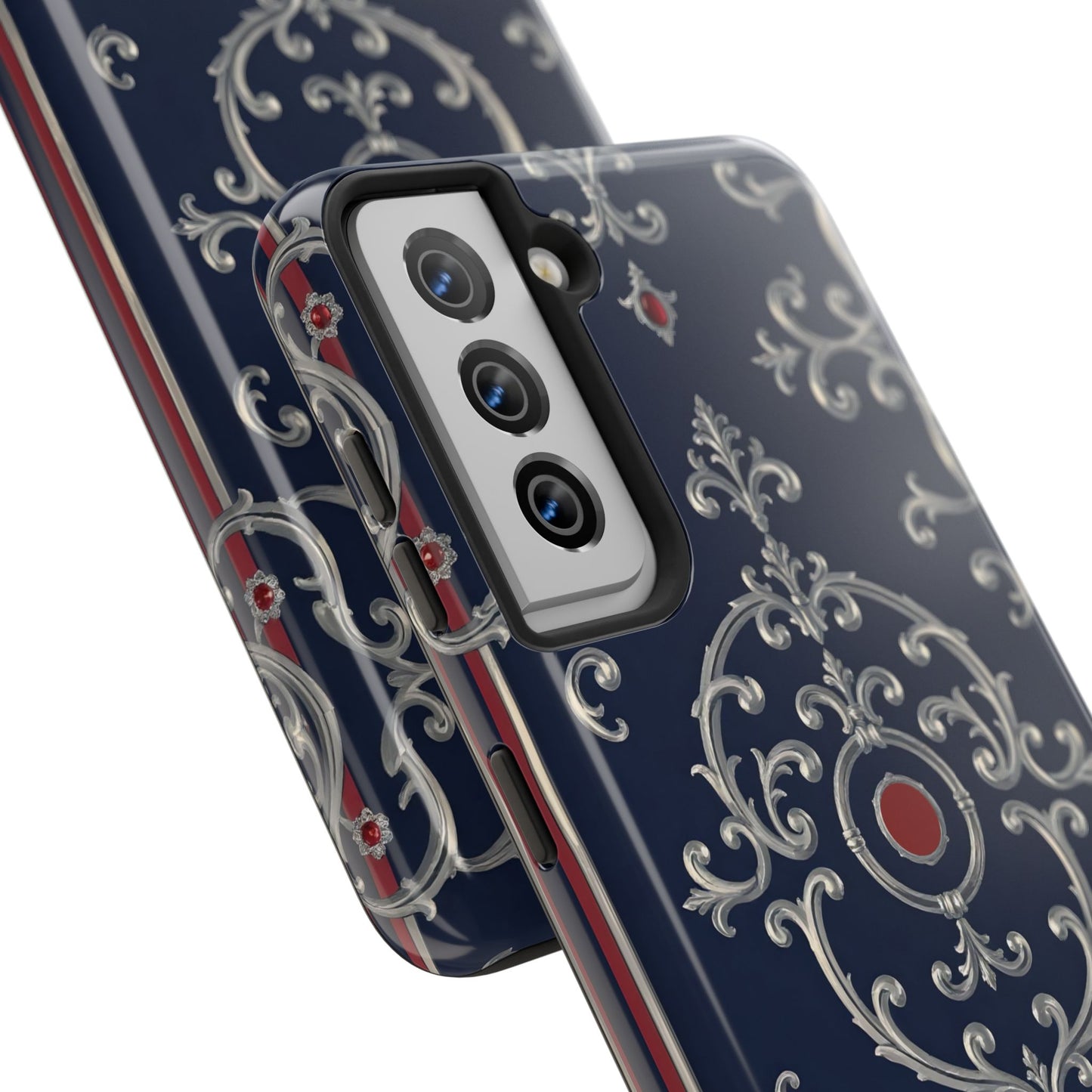 Elegant Patterned Tough Phone Cases for Stylish Protection, Gift for Her, Unique Accessories - Blue & Red Striped Silver Baroque