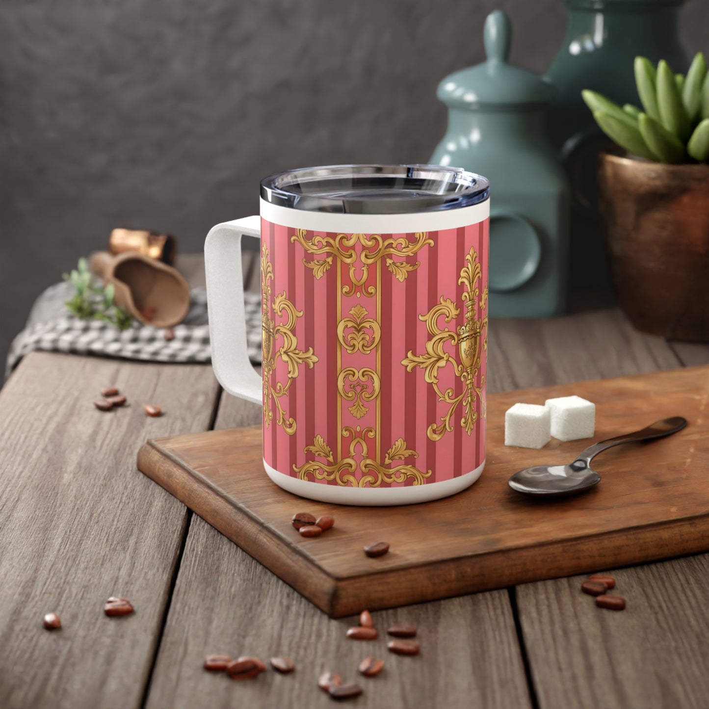 Chic Insulated Coffee Mug - Elegant Pink & Gold Design, Perfect Gift for Coffee Lovers, Housewarming - Pink Striped Gold Baroque